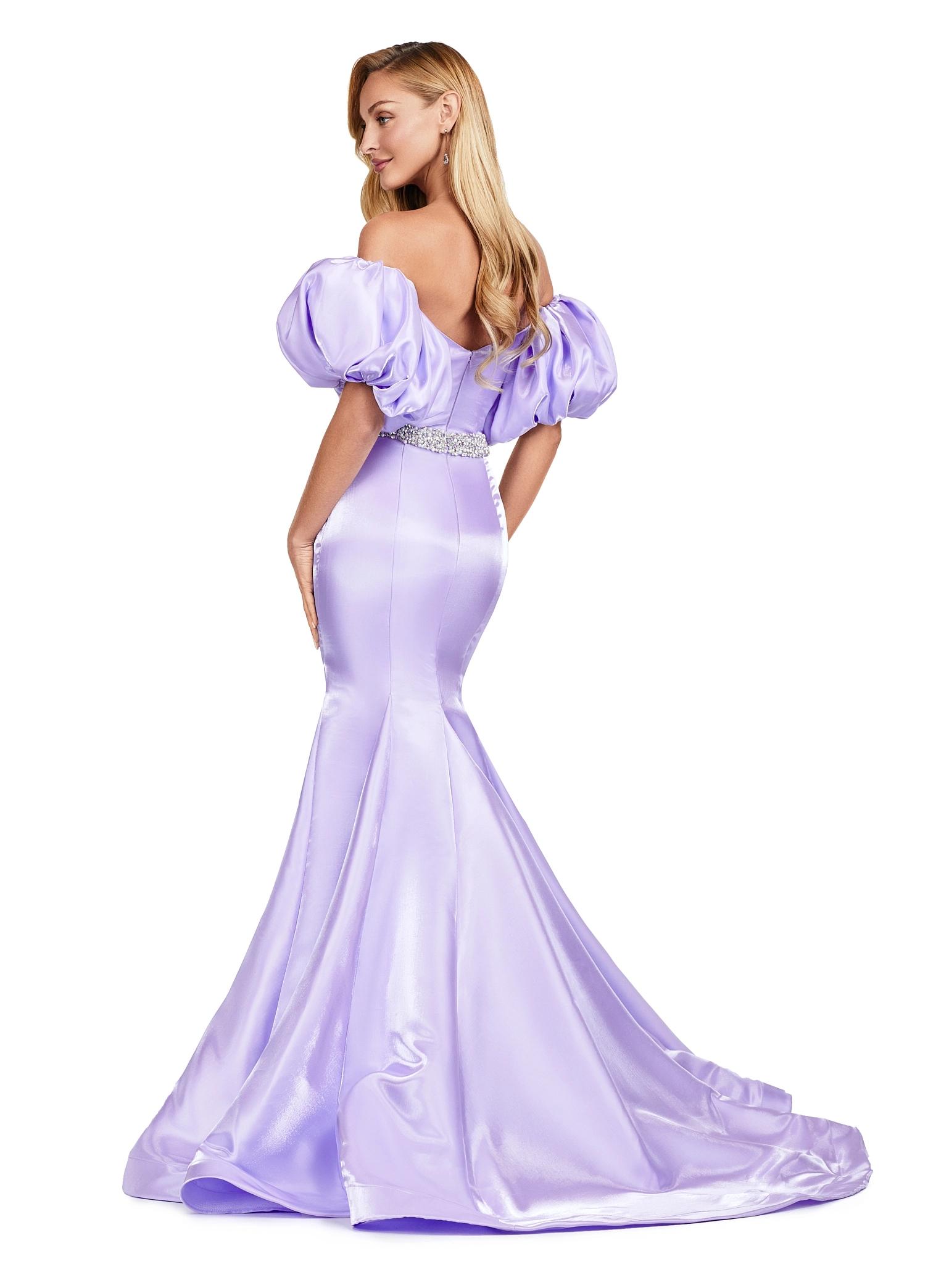 Back. Orchid ASHLEYlauren 11419 Strapless Satin Gown with Sweetheart Neckline, Voluminous Puff Sleeves, Mermaid Silhouette, and Sparkling Jeweled Belt