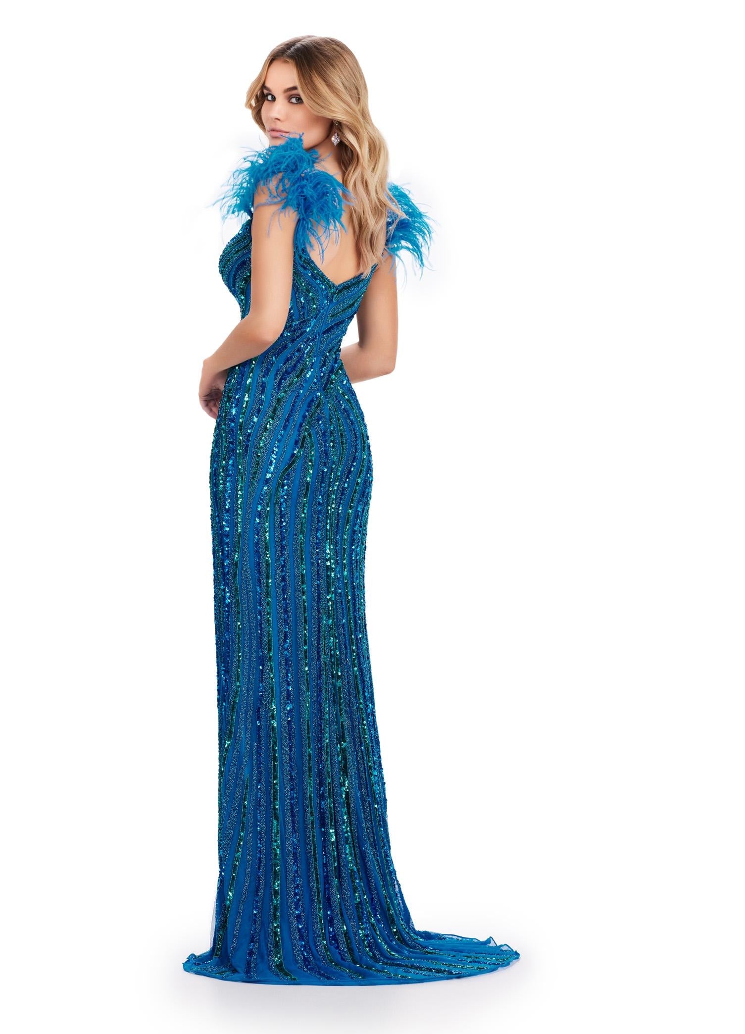 ASHLEYlauren 11586 - Beaded Gown with Feather Straps and Leg