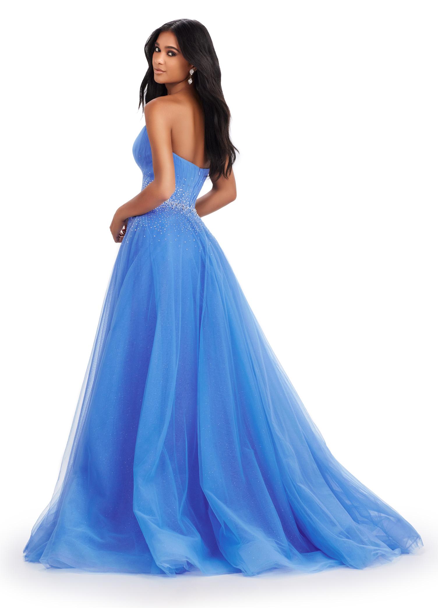 Back. Periwinkle ASHLEYlauren 11597 Strapless Glitter Tulle Ball Gown with Sparkling Trickle Beaded Belt and Voluminous Princess Skirt