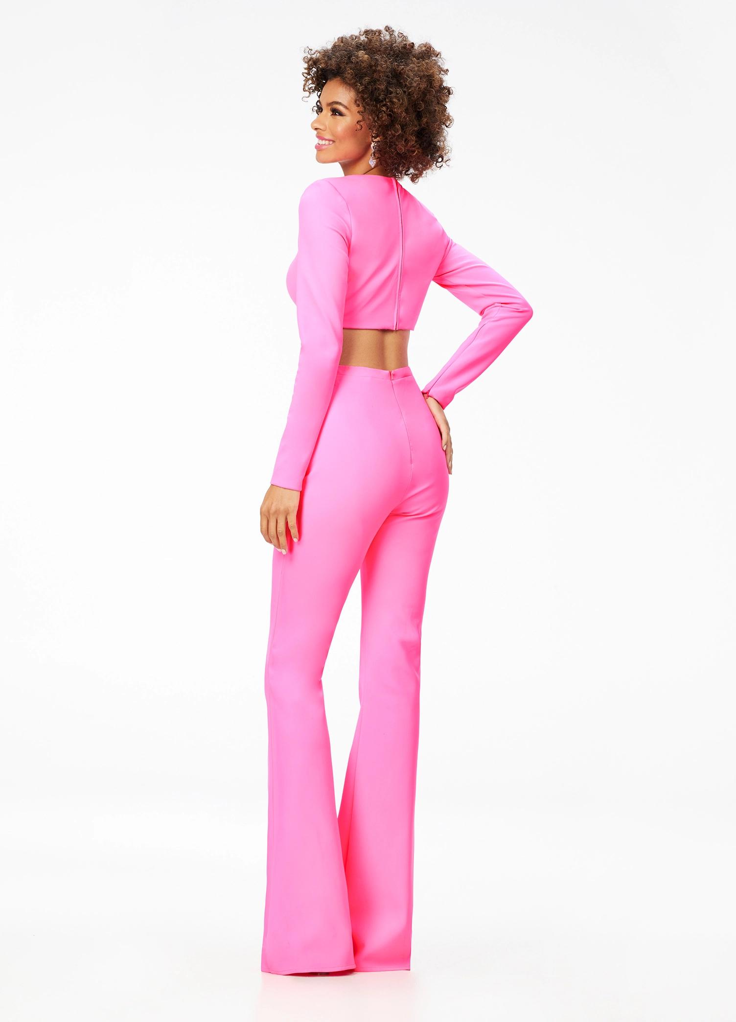 Back. Pink ASHLEYlauren 11220 Two-Piece Scuba Jumpsuit with Square Neckline, Long Sleeves, and Fit & Flare Pants