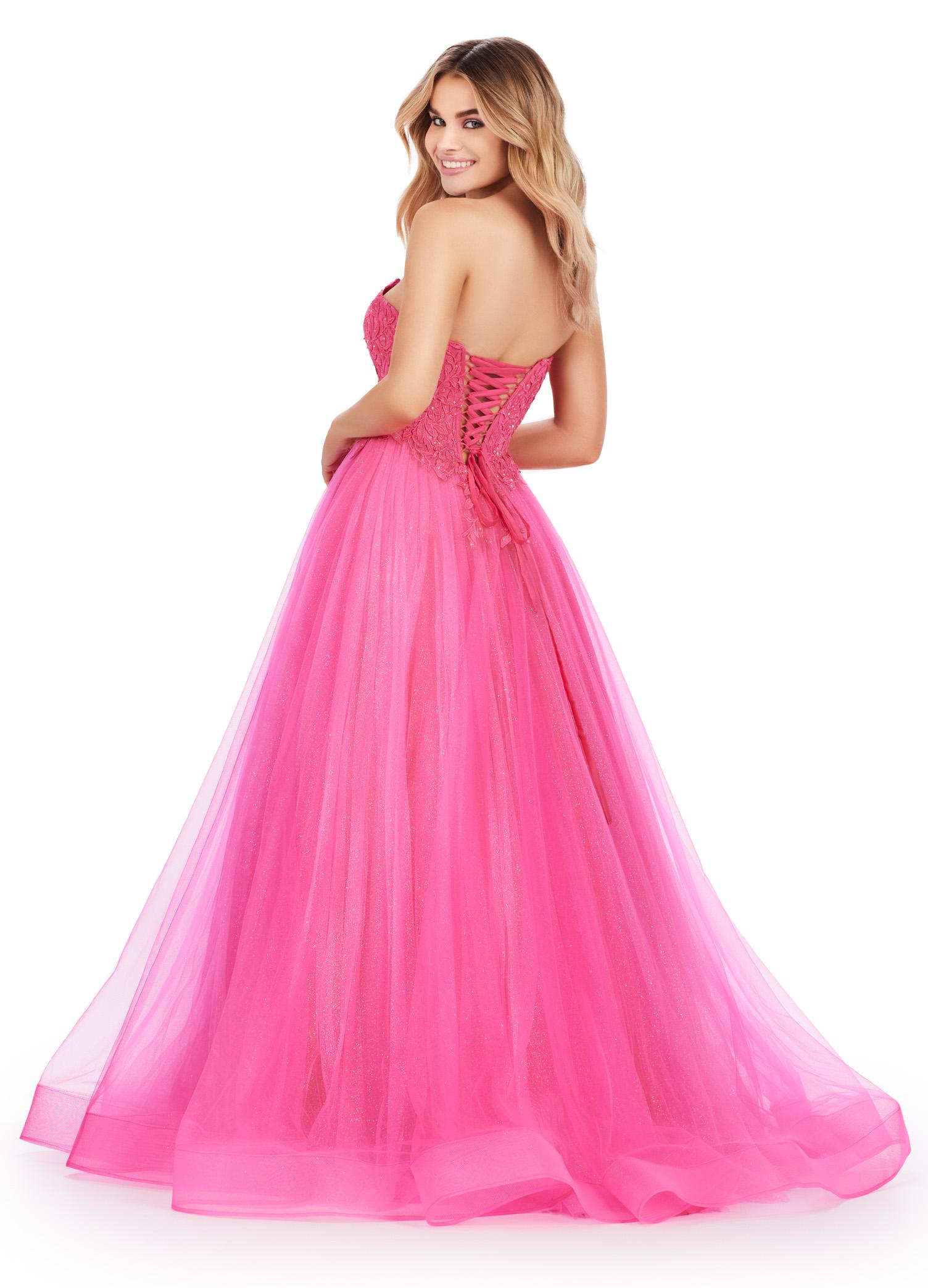 Back. Pink ASHLEYlauren 11518 Romantic A-Line Glitter Tulle Ball Gown with Sweetheart Neckline, Lace Appliqué Corset Bodice, and Lace Up Back