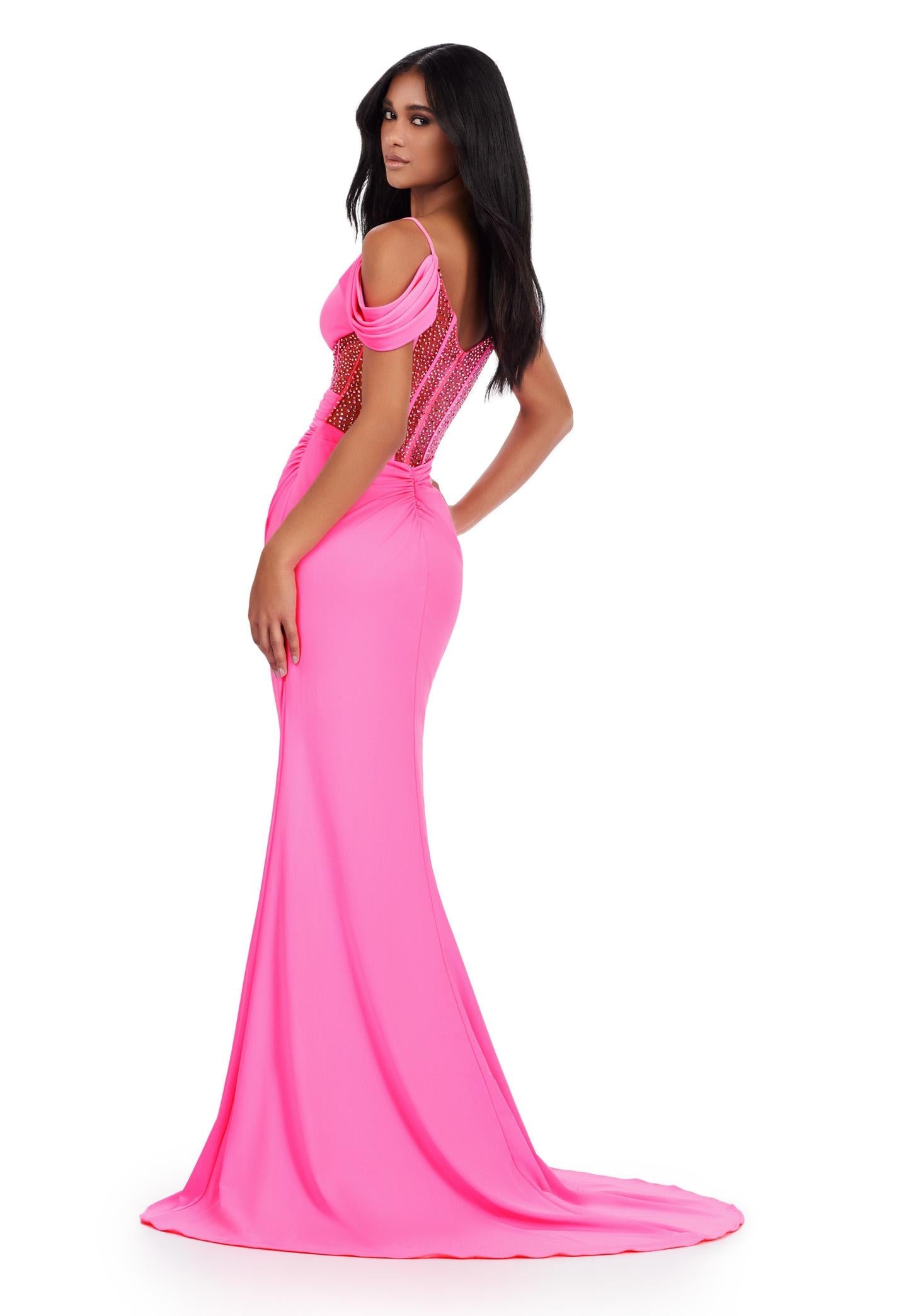 Back. Pink ASHLEYlauren 11536 Jersey Gown with Spaghetti Straps, Off Shoulder Details, Corset Bustier, and Ruched Hip Design