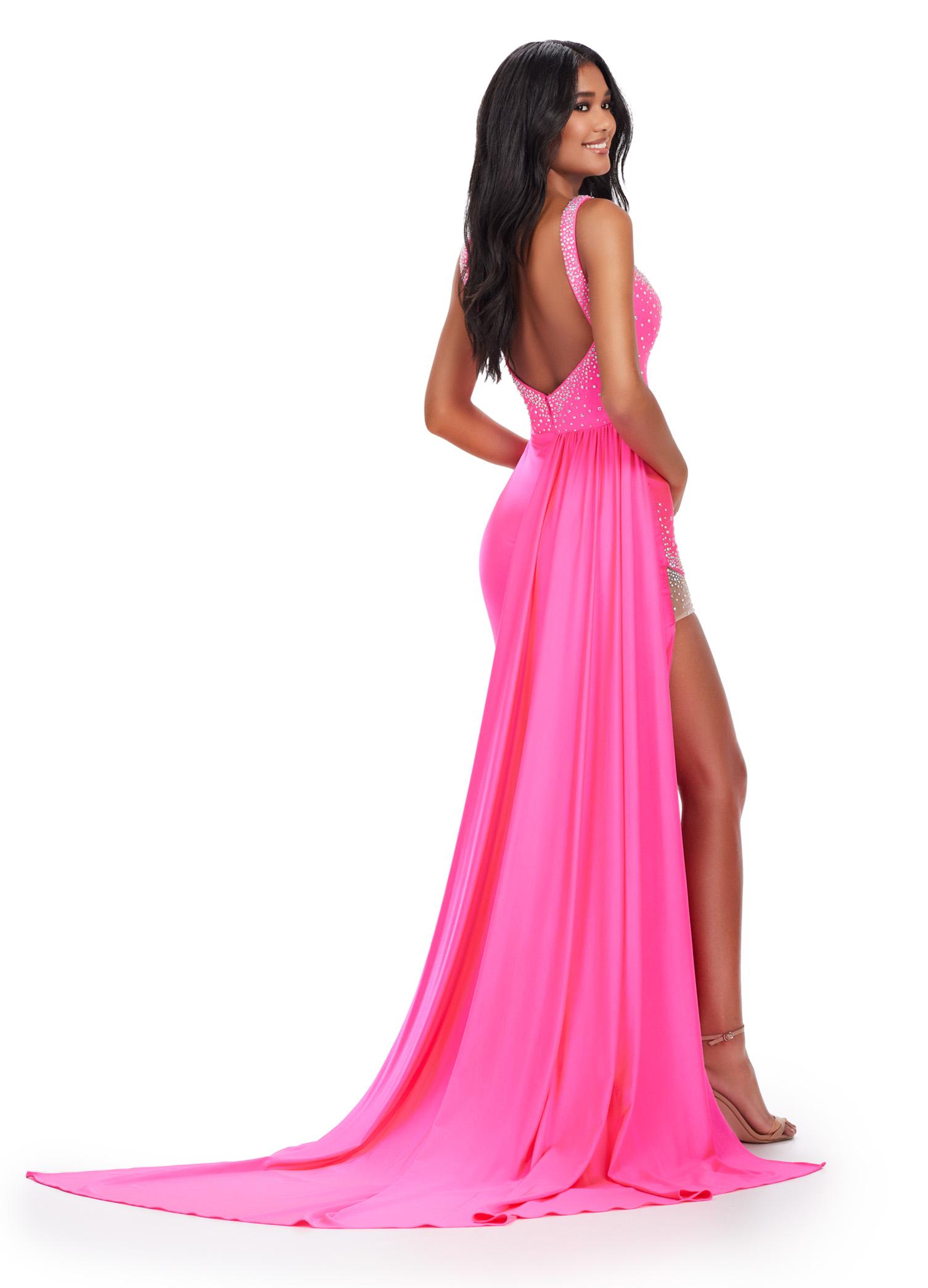 Back. Pink ASHLEYlauren 11579 Unique Jersey Gown with Illusion V-Neckline, Sparkling Press On Stones, Flowing Side Skirt, and Left Leg Slit