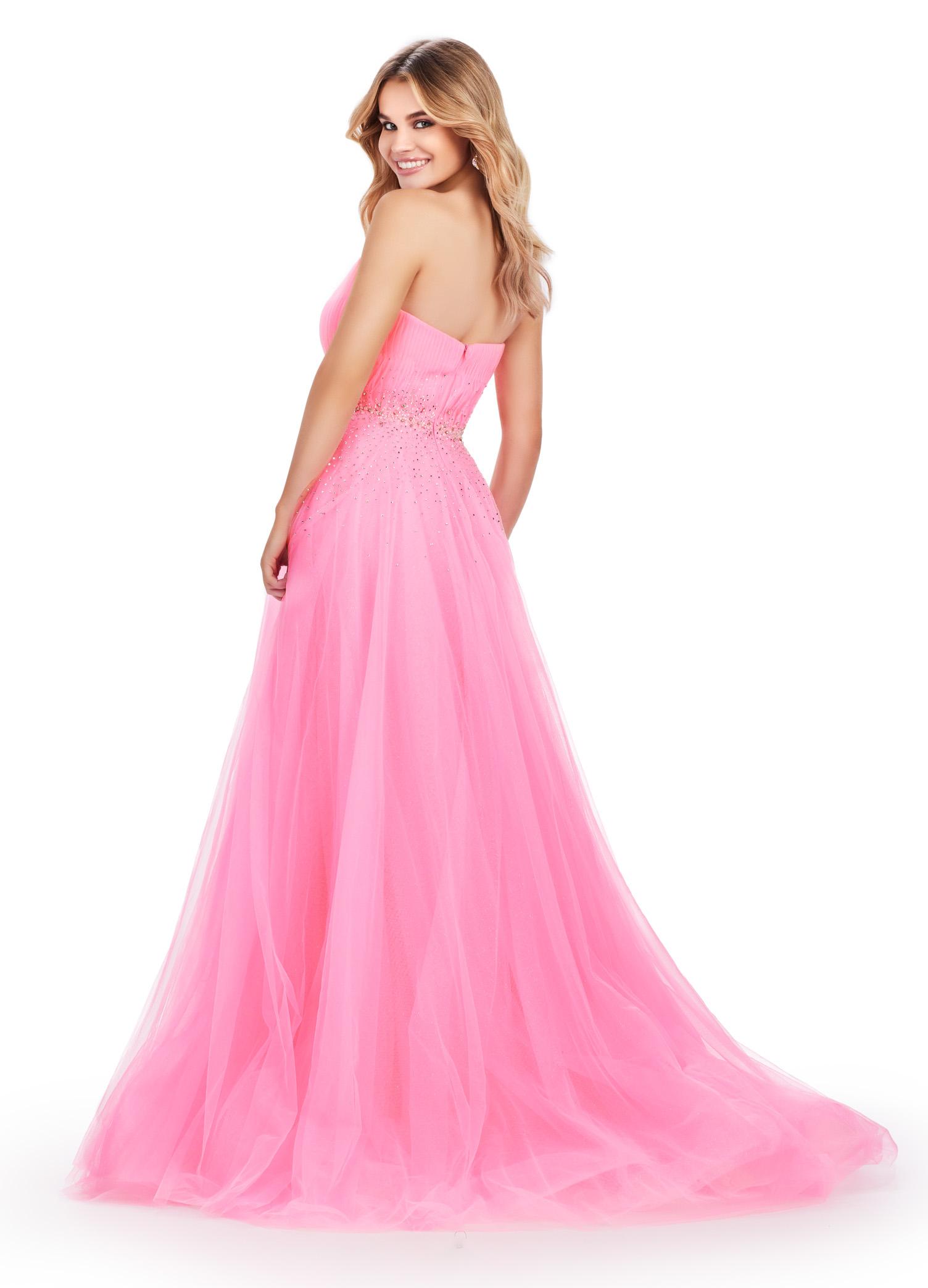Back. Pink ASHLEYlauren 11597 Strapless Glitter Tulle Ball Gown with Sparkling Trickle Beaded Belt and Voluminous Princess Skirt