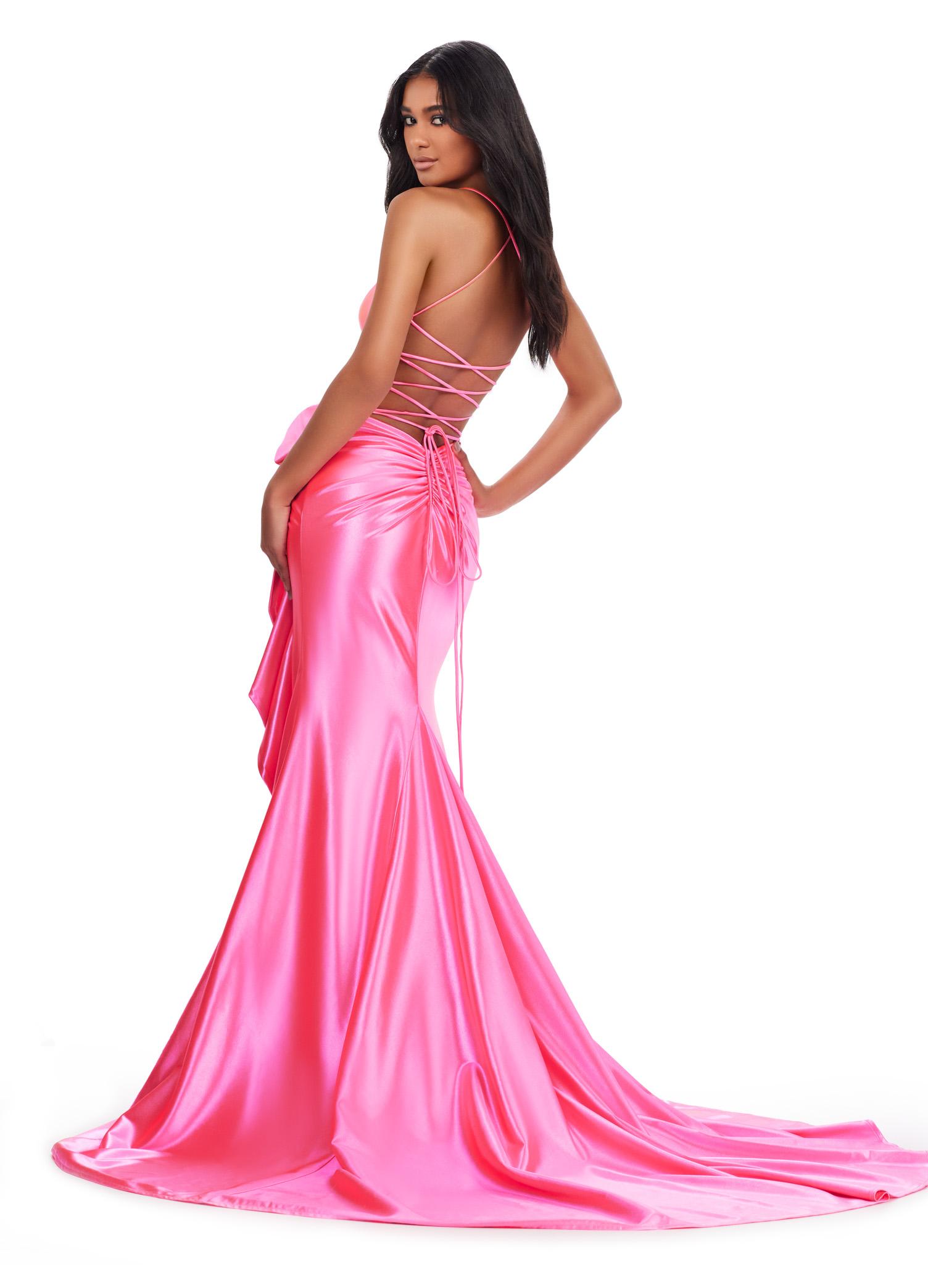 Back. Pink ASHLEYlauren 11638 Edgy Shimmer Jersey Gown with Spaghetti Straps, Structured Corset Bustier, Statement Bow and Ruffle Accent, and Lace Up Back