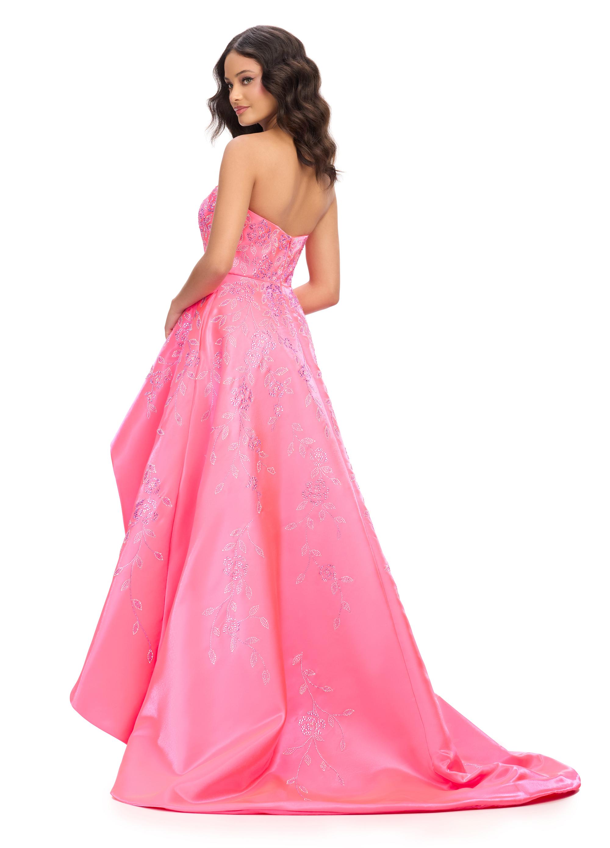 Back. Pink ASHLEYlauren 11734 elegant satin high-low gown featuring a strapless neckline, floral press-on stone design, and a dramatic silhouette for a modern and glamorous look.