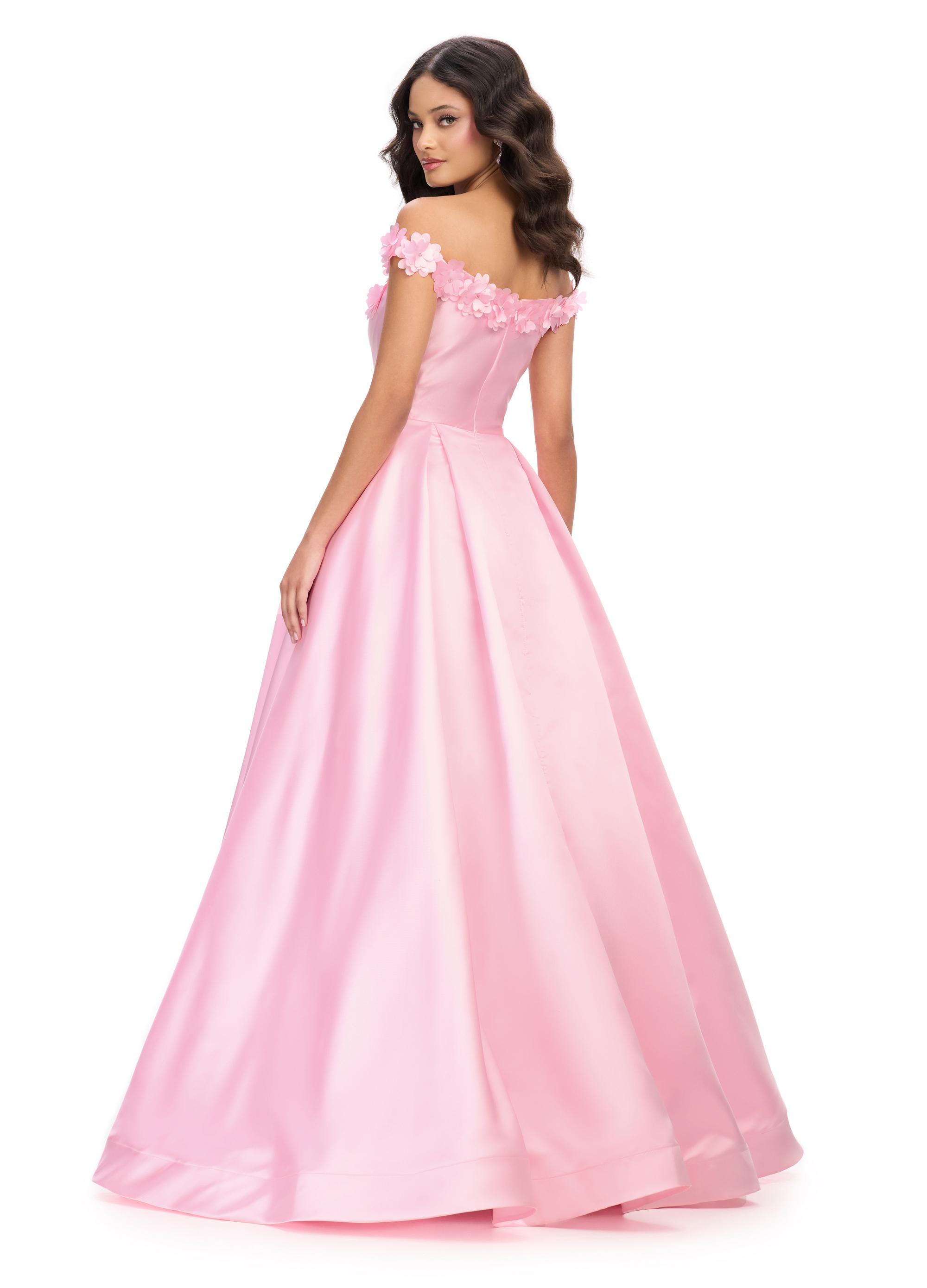 Back. Pink ASHLEYlauren 11771 elegant Mikado A-line ball gown featuring an off shoulder neckline, unique floral detailing, and a full ball gown skirt for a romantic and sophisticated look.