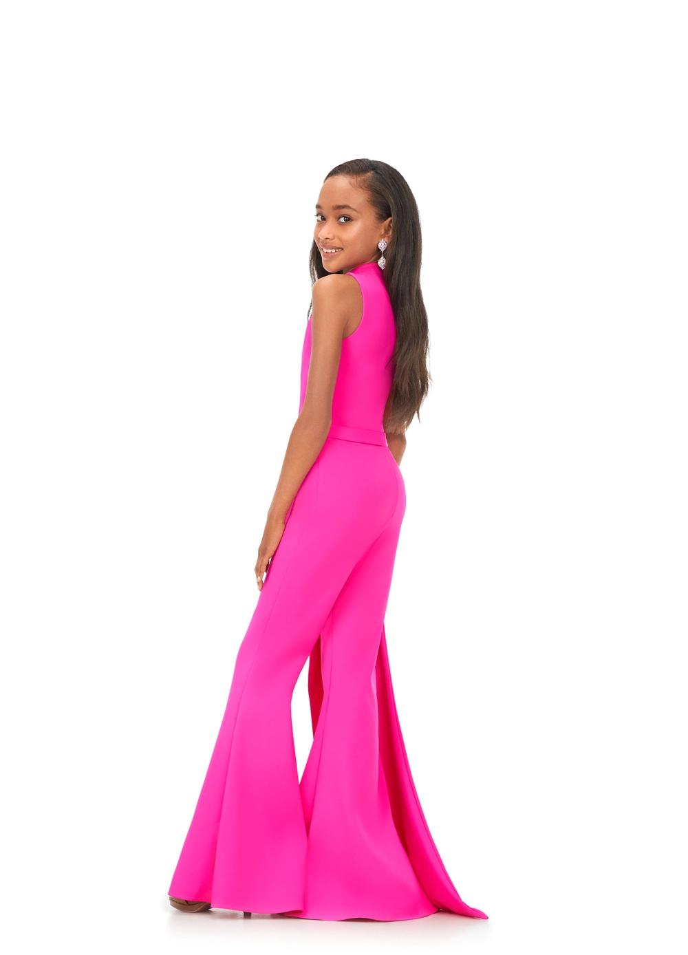 Back. Pink ASHLEYlauren Kids 8158 fun and stylish scuba jumpsuit featuring a high crew neckline, dramatic cascading ruffle accent down the leg, and flare pants for a bold and fabulous look.
