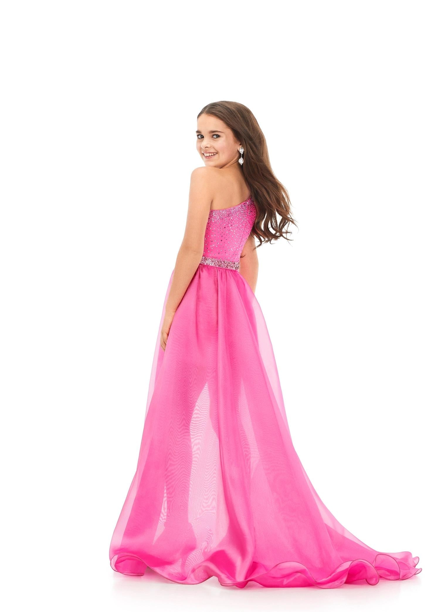 Back. Pink ASHLEYlauren Kids 8177 One Shoulder Scuba Romper with Feather Details and Organza Side Skirt