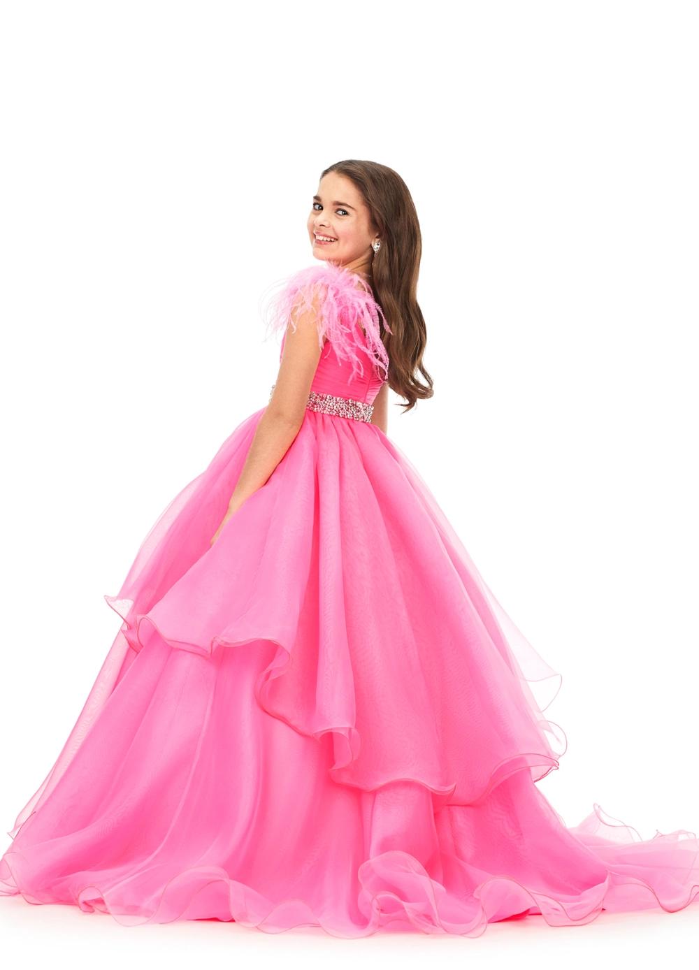 Back. Pink ASHLEYlauren Kids 8184 Organza Ball Gown with Feather Shoulders and Crystal Waistline
