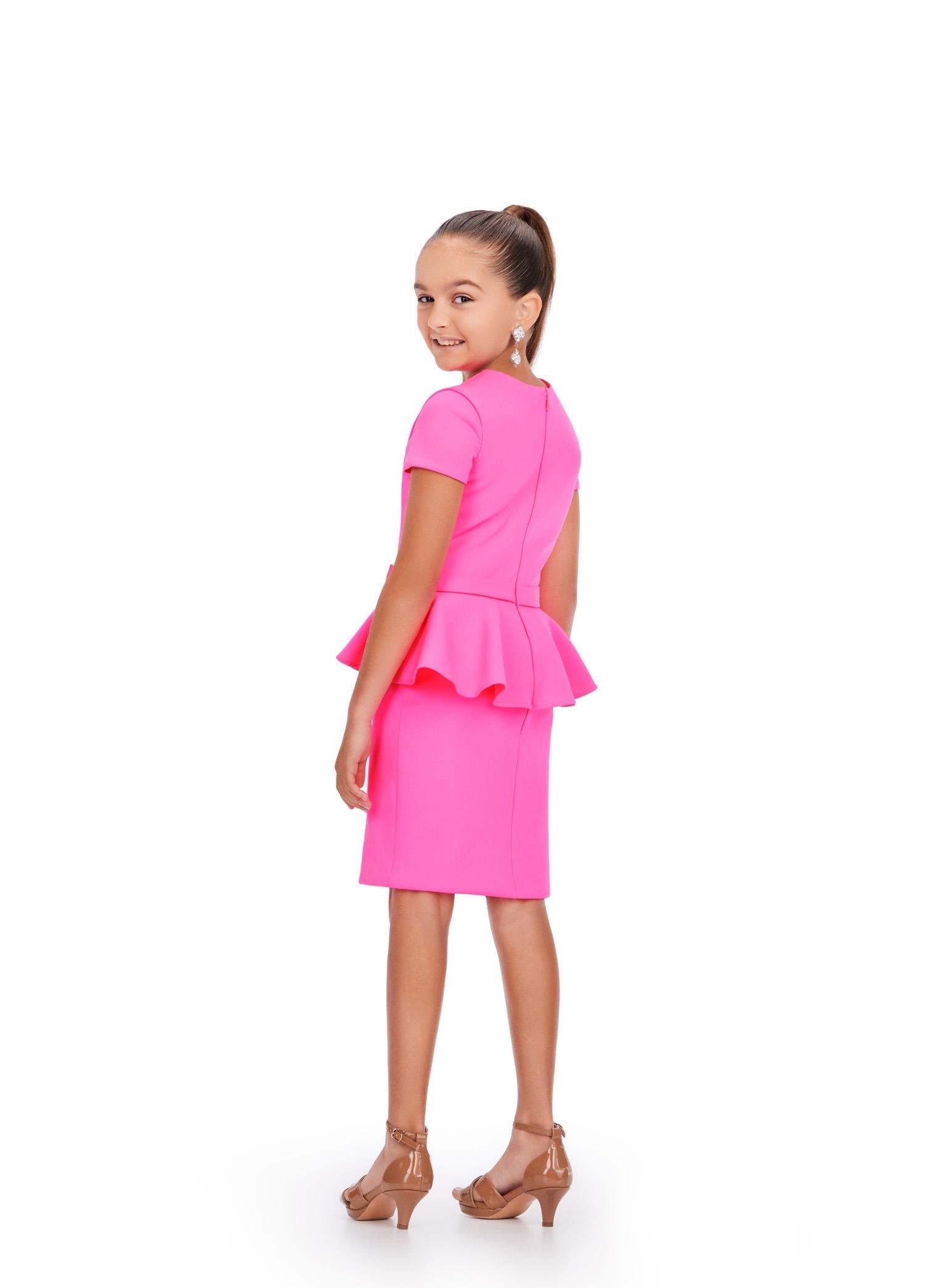 Back. Pink ASHLEYlauren Kids 8205 Fitted Scuba Cocktail Dress with Peplum Detail and Bow