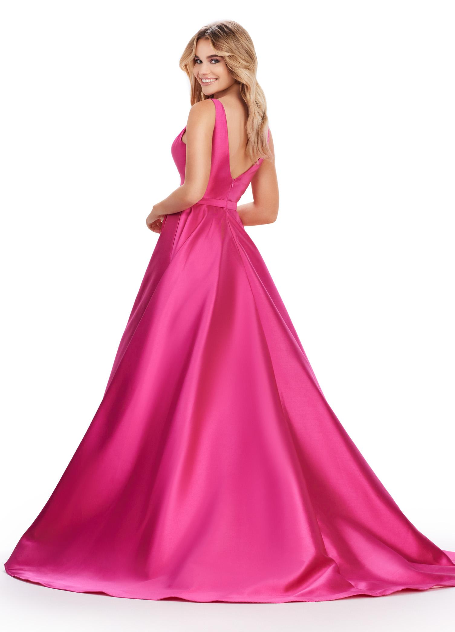 Back. Raspberry ASHLEYlauren 11541 classic Mikado ball gown featuring a V-neckline, V-back, waist detail, and a sweeping train for an elegant and timeless look.