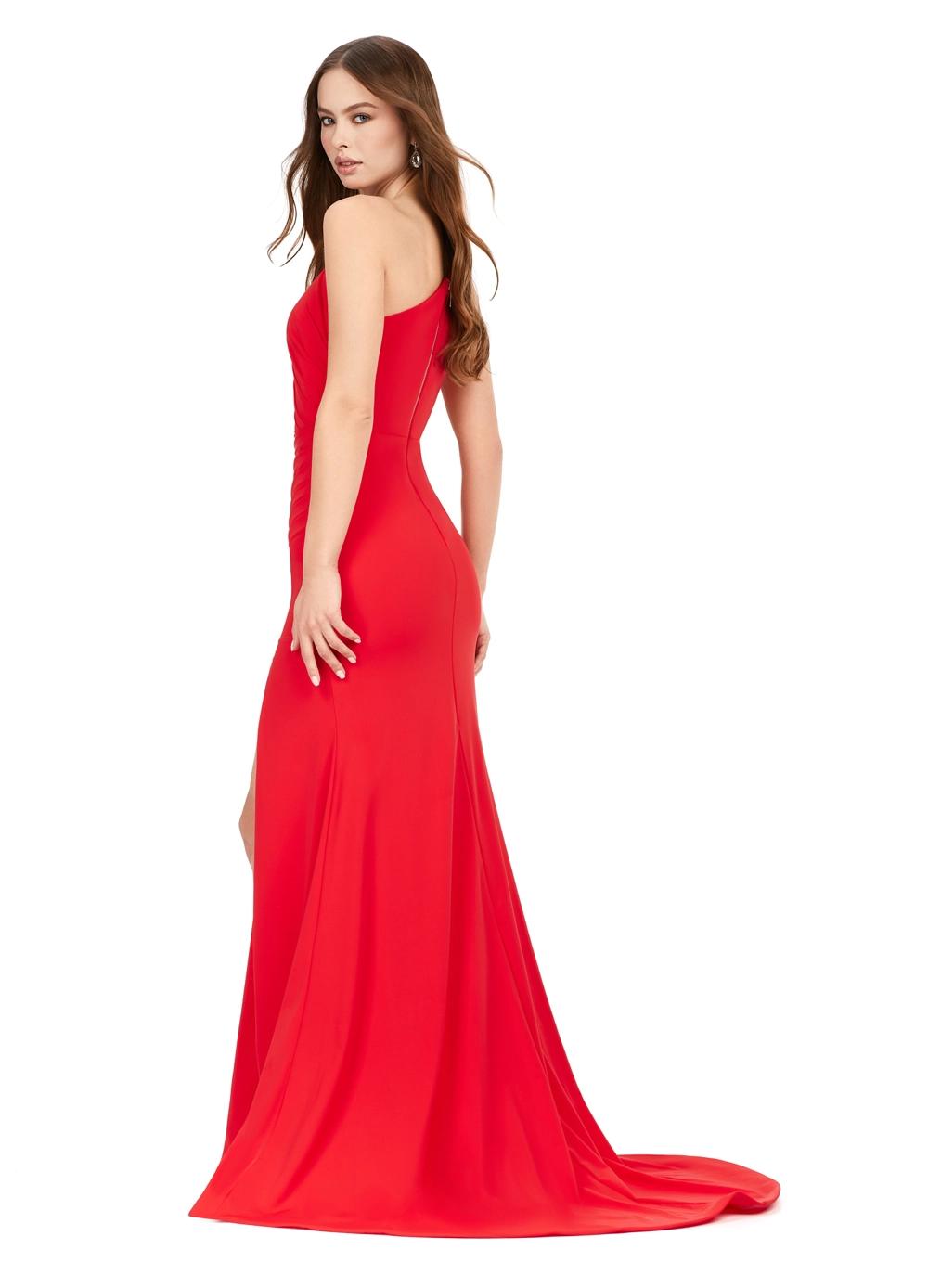 Back. Red ASHLEYlauren 11303 One Shoulder Jersey Gown with Ruched Bodice, Asymmetrical Cut Outs, Fitted Wrap Skirt, and Exposed Metal Zipper Back