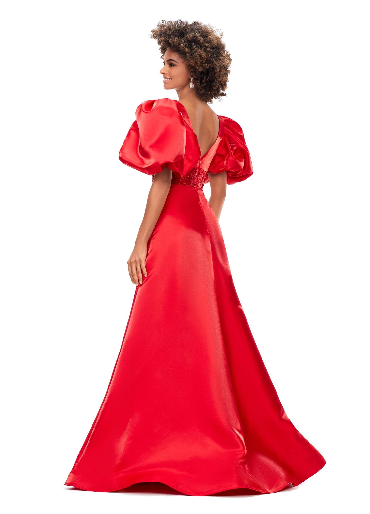 Back. Red ASHLEYlauren 11378 Elegant Shimmer Satin A-Line Gown with V-Neckline, V-Back, Oversized Puff Sleeves, and Heat Set Detailed Waistband