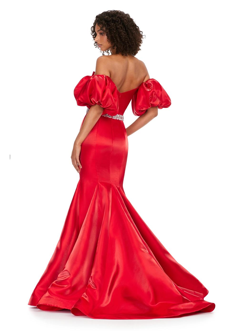 Back. Red ASHLEYlauren 11419 Strapless Satin Gown with Sweetheart Neckline, Voluminous Puff Sleeves, Mermaid Silhouette, and Sparkling Jeweled Belt