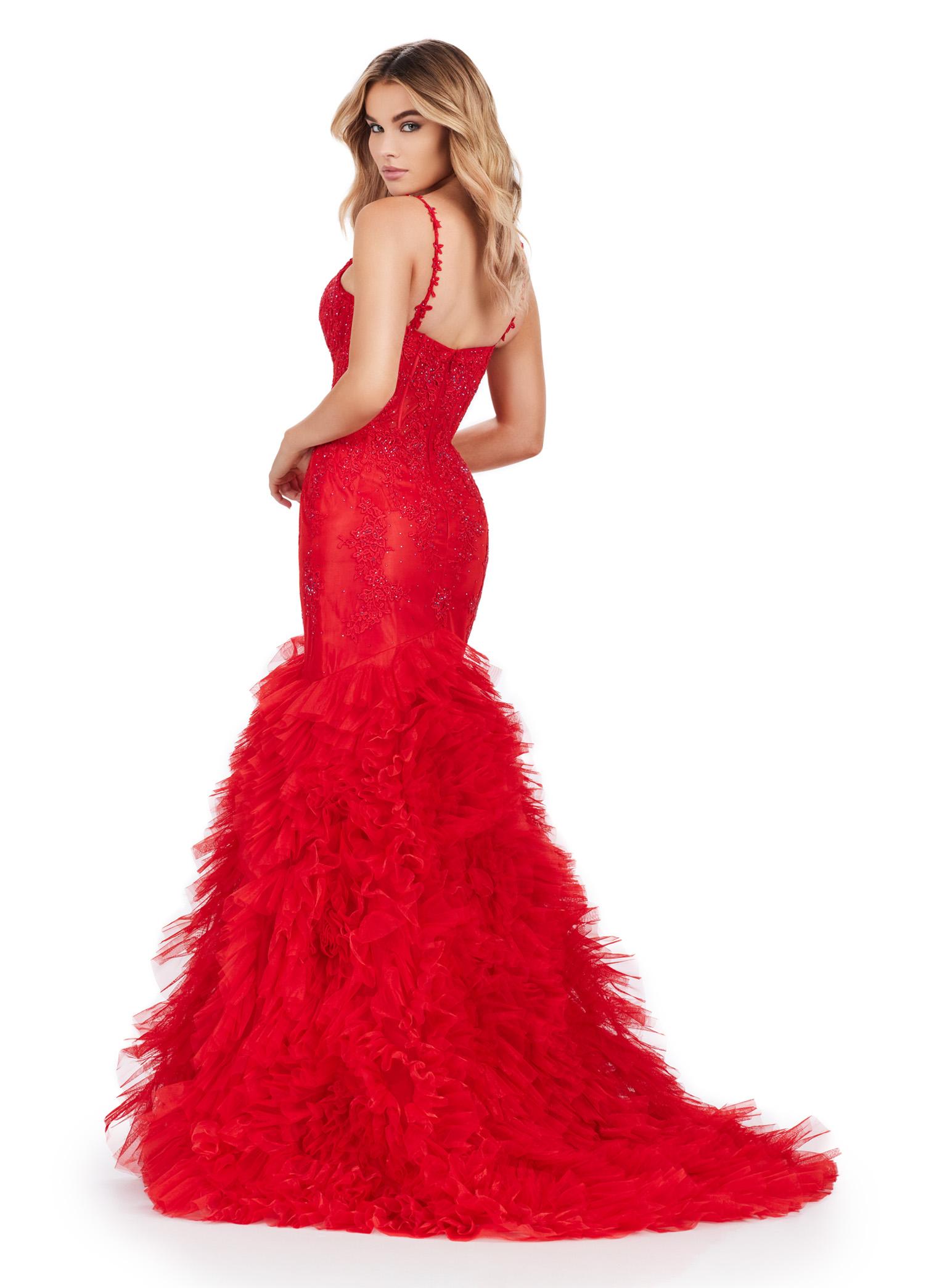 Back. Red ASHLEYlauren 11475 mermaid gown with exposed corset bodice, lace detailing, and dramatic ruffled tulle trumpet skirt
