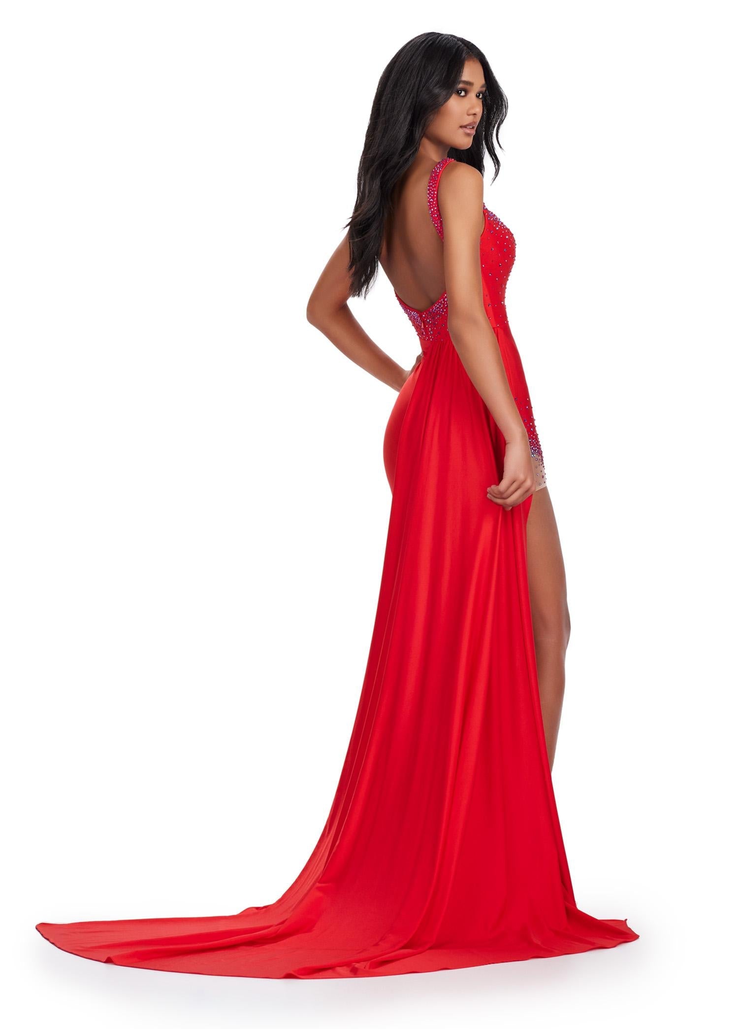 Back. Red ASHLEYlauren 11579 Unique Jersey Gown with Illusion V-Neckline, Sparkling Press On Stones, Flowing Side Skirt, and Left Leg Slit