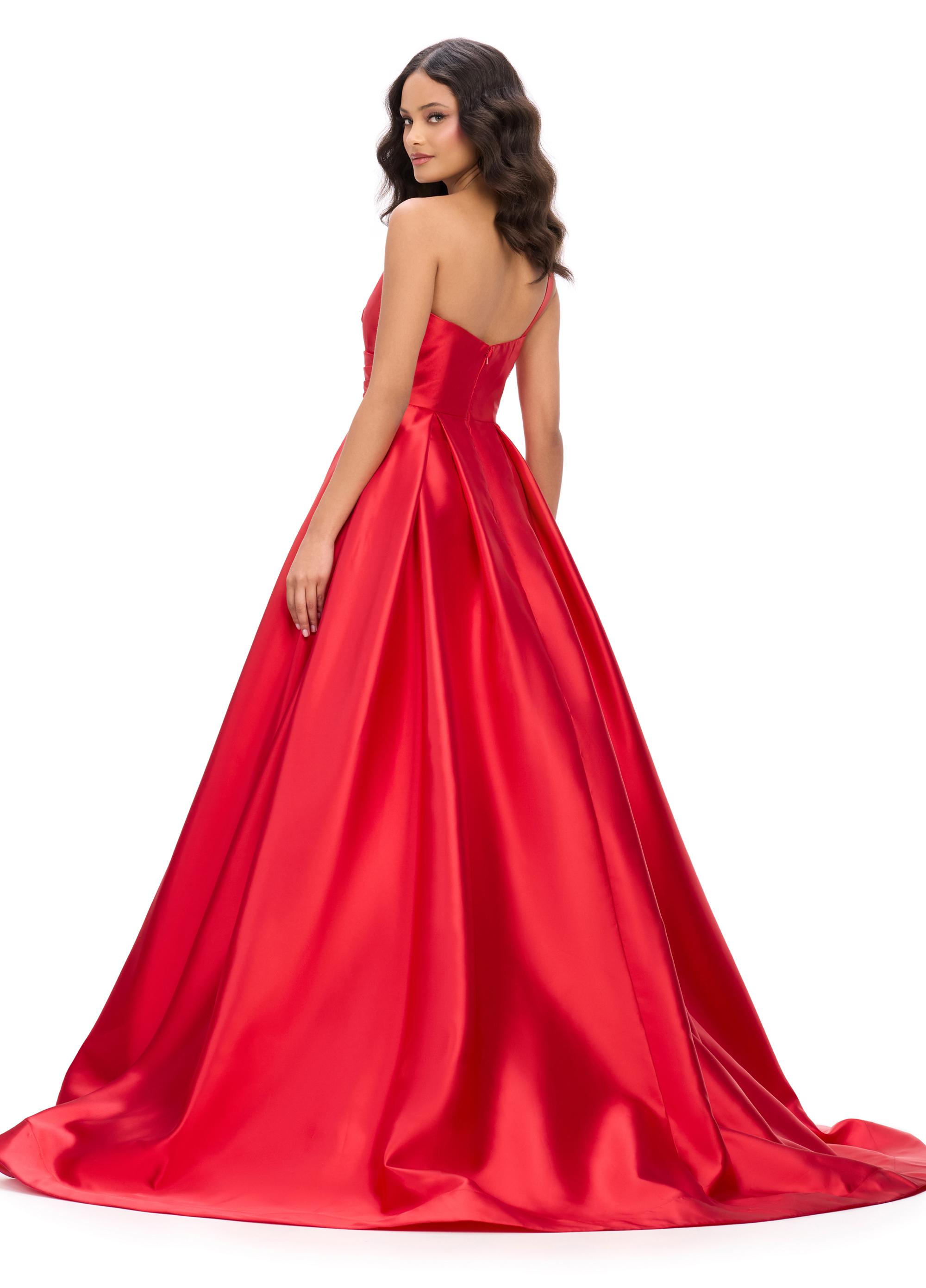 Back. Red ASHLEYlauren 11772 stunning Mikado ball gown featuring a classic one shoulder design, sweetheart neckline, and a full A-line skirt for an elegant and sophisticated look.