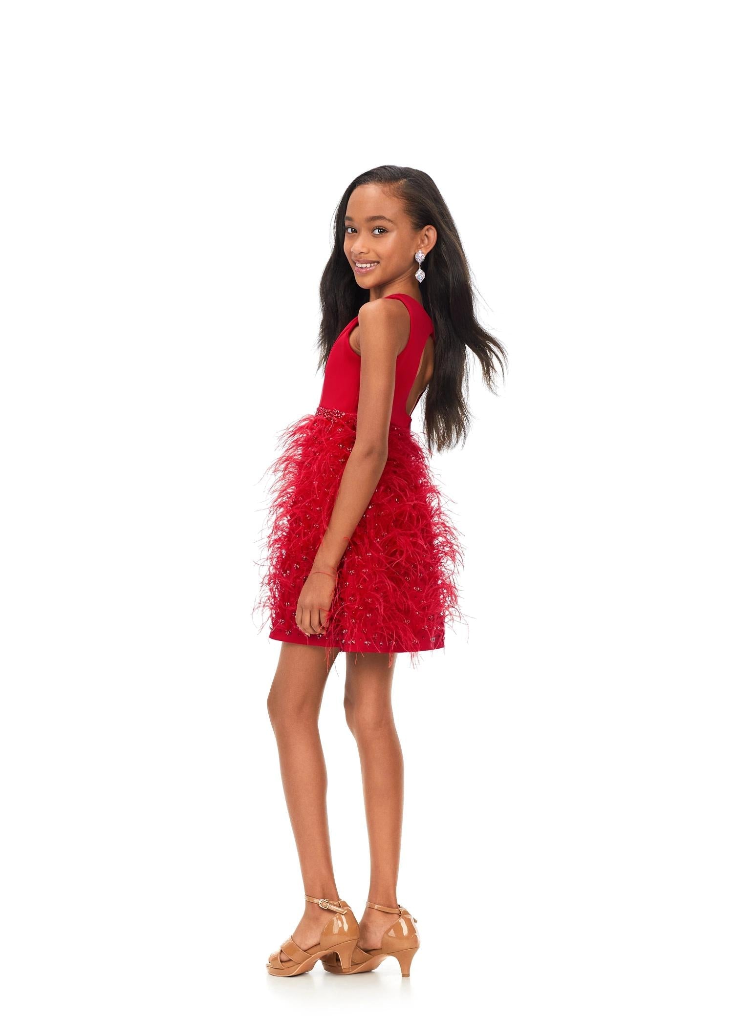 Back. Red ASHLEYlauren Kids 8176 fabulous feather cocktail dress featuring a crew neckline, open back, crystal-encrusted waistband, and a full feather skirt accented with scattered crystals for a glamorous and standout look.