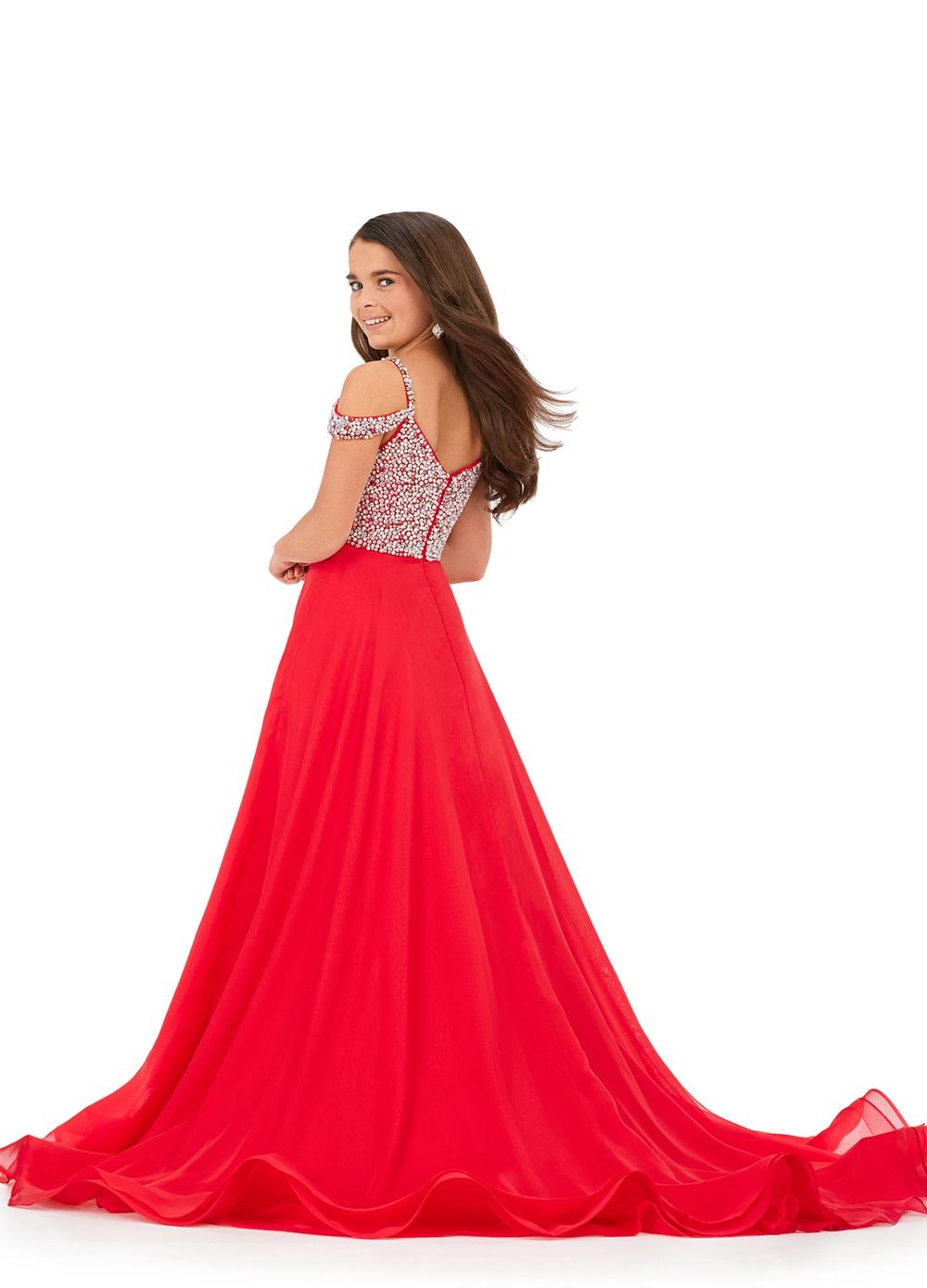 Back. Red ASHLEYlauren Kids 8220 Off Shoulder Gown with Beaded Bustier and Chiffon A-Line Skirt