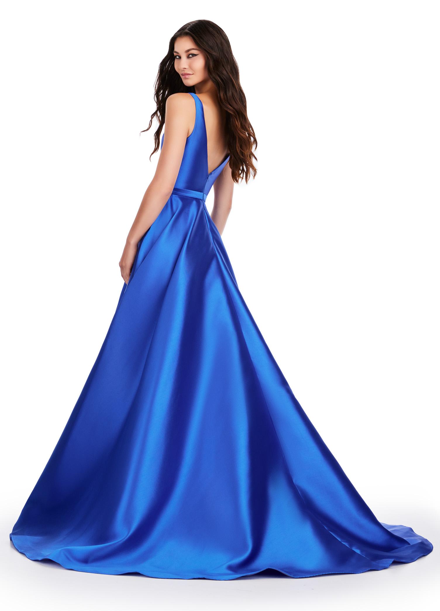 Back. Royal ASHLEYlauren 11541 classic Mikado ball gown featuring a V-neckline, V-back, waist detail, and a sweeping train for an elegant and timeless look.