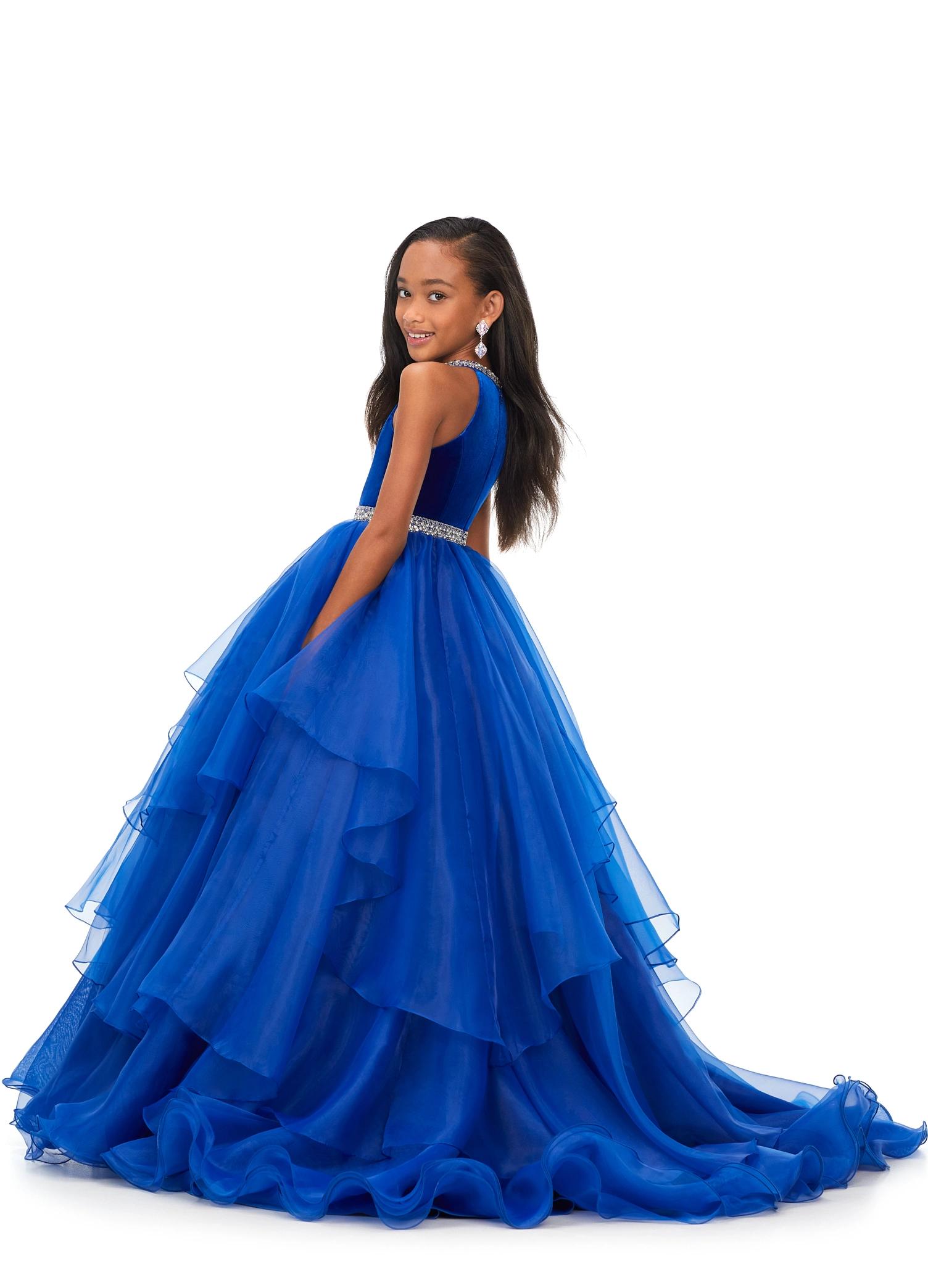 Back. Royal ASHLEYlauren Kids 8179 Halter Ball Gown with Velvet Bodice and Crystal Details. 