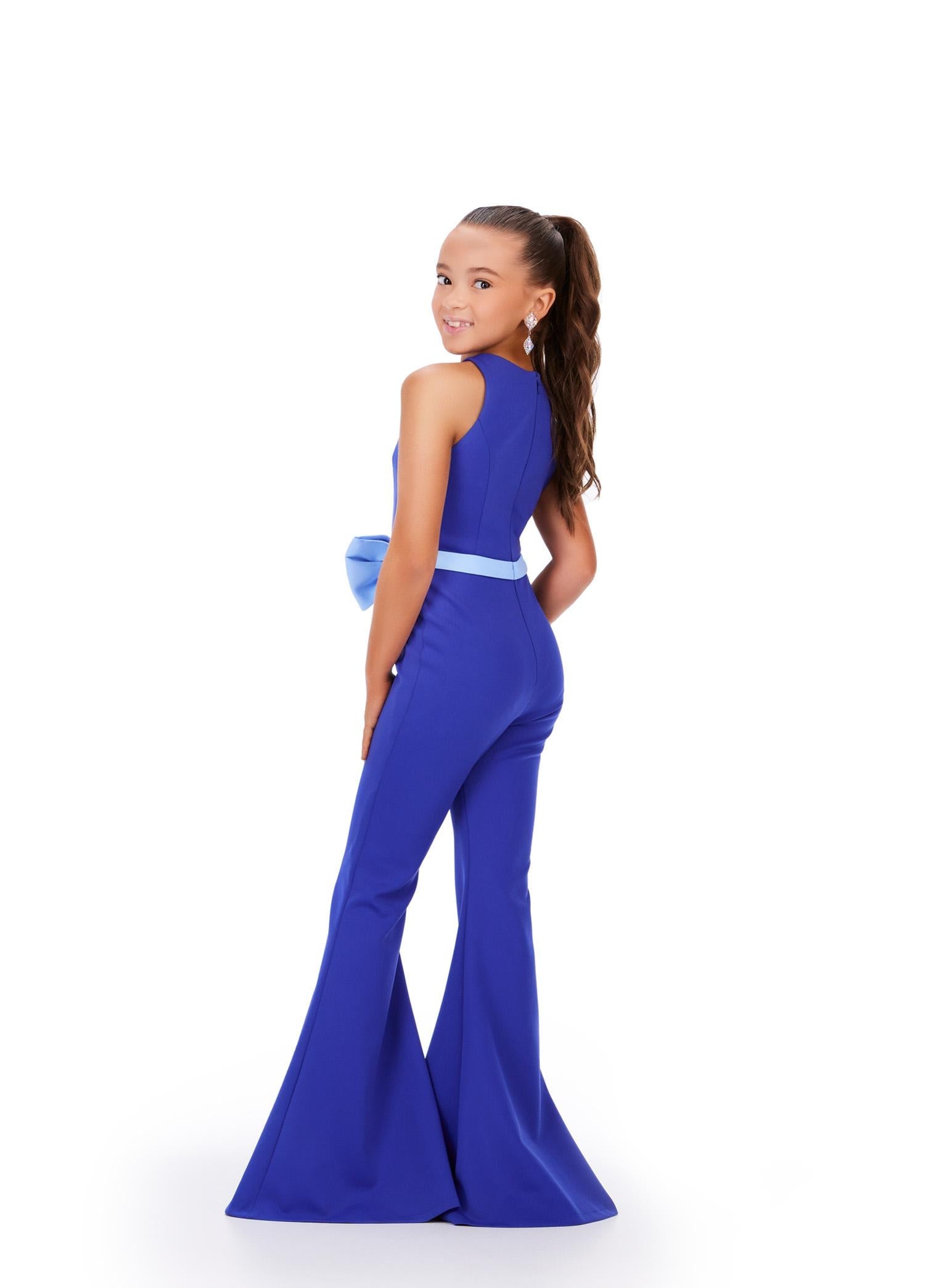 Back. Royal/Light Blue ASHLEYlauren Kids 8201 Scuba Jumpsuit with Oversized Front Bow and Flare Pants
