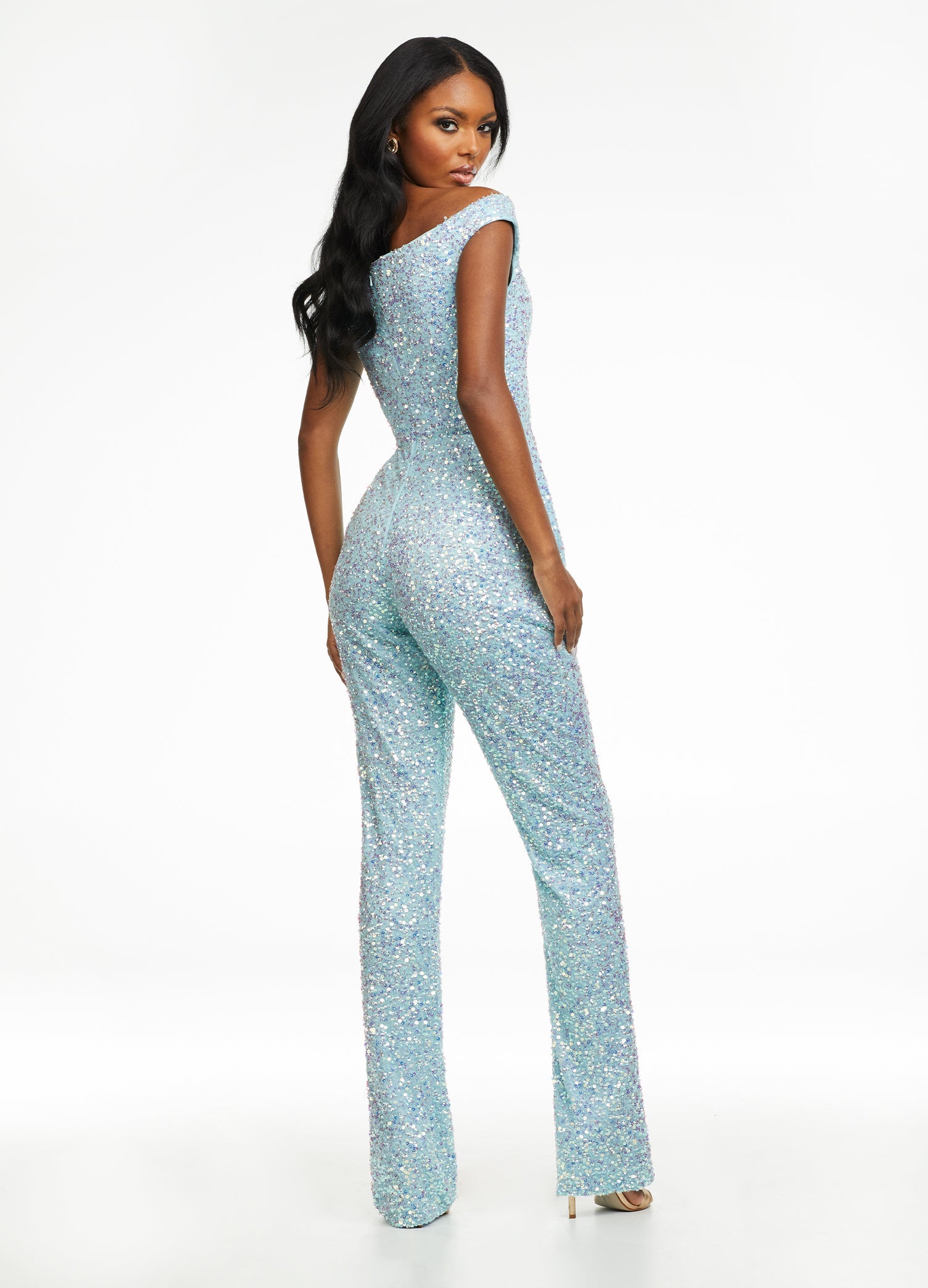 Back. Sky ASHLEYlauren 11175 Fully Hand-Beaded Off-Shoulder Jumpsuit with V-Neckline and Straight Leg Pants