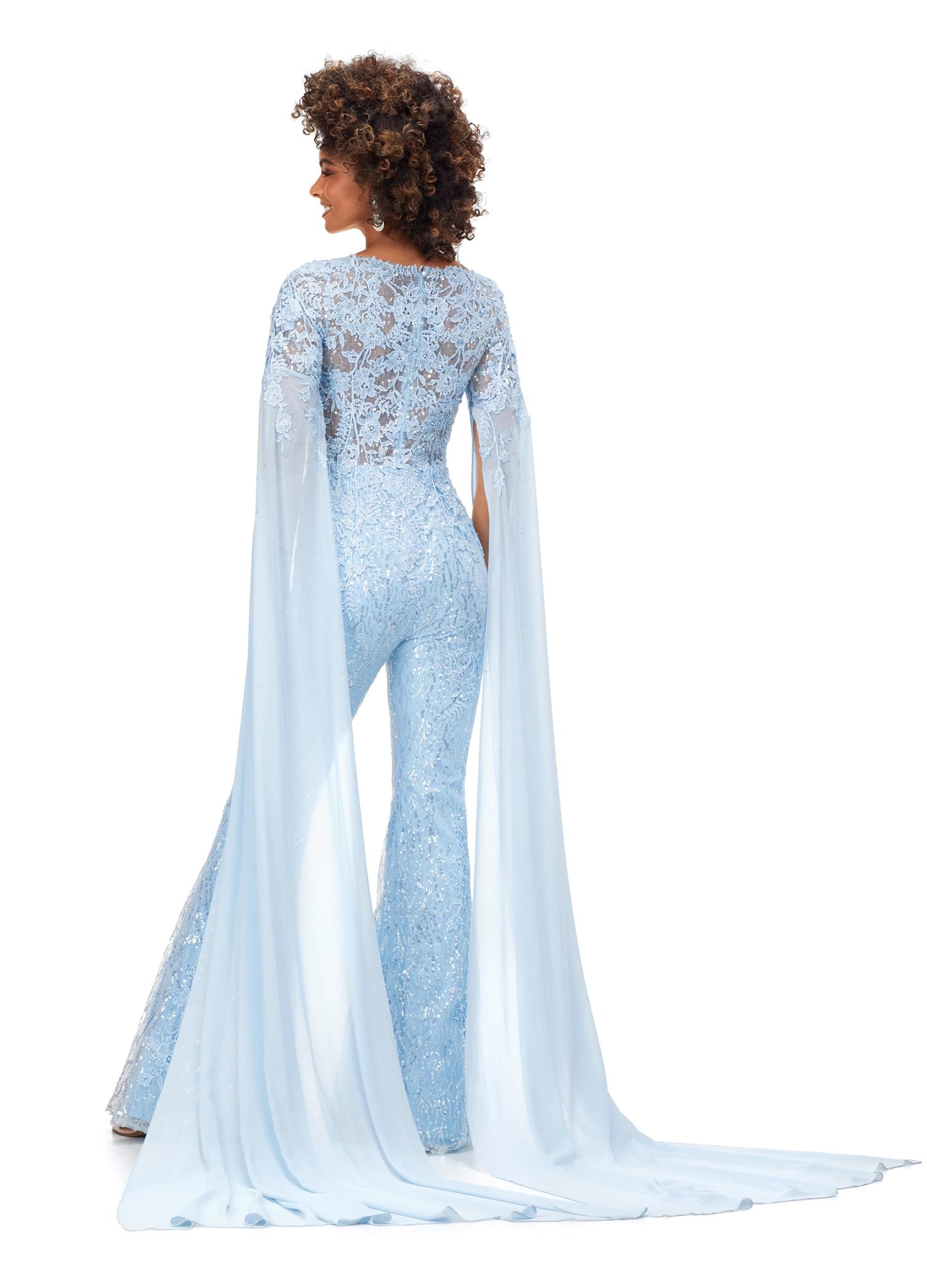 Back. Sky ASHLEYlauren 11254 statement-making jumpsuit featuring a V-neckline bustier, intricate lace applique, sequin embellishments, and dramatic chiffon floor-length sleeves for a bold and glamorous entrance.