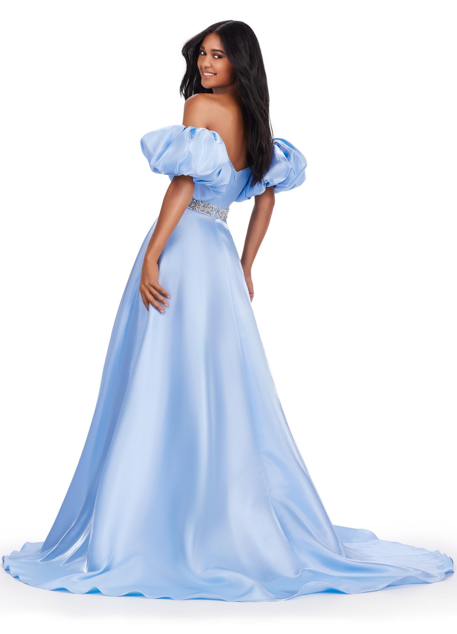 Back. Sky ASHLEYlauren 11474 strapless satin ball gown with sweetheart neckline, beaded belt, left leg slit, and detachable puff sleeves