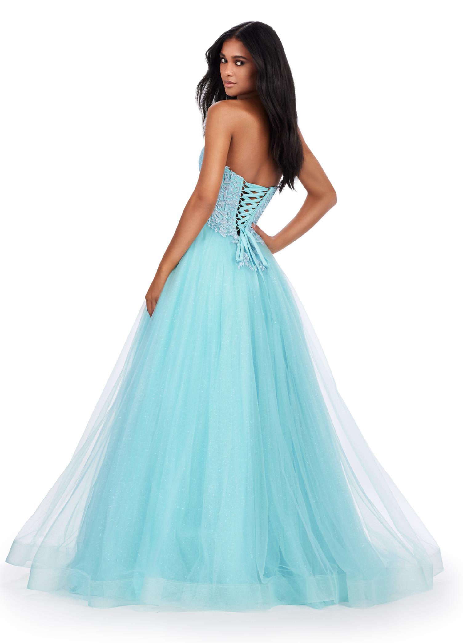 Back. Sky ASHLEYlauren 11518 Romantic A-Line Glitter Tulle Ball Gown with Sweetheart Neckline, Lace Appliqué Corset Bodice, and Lace Up Back