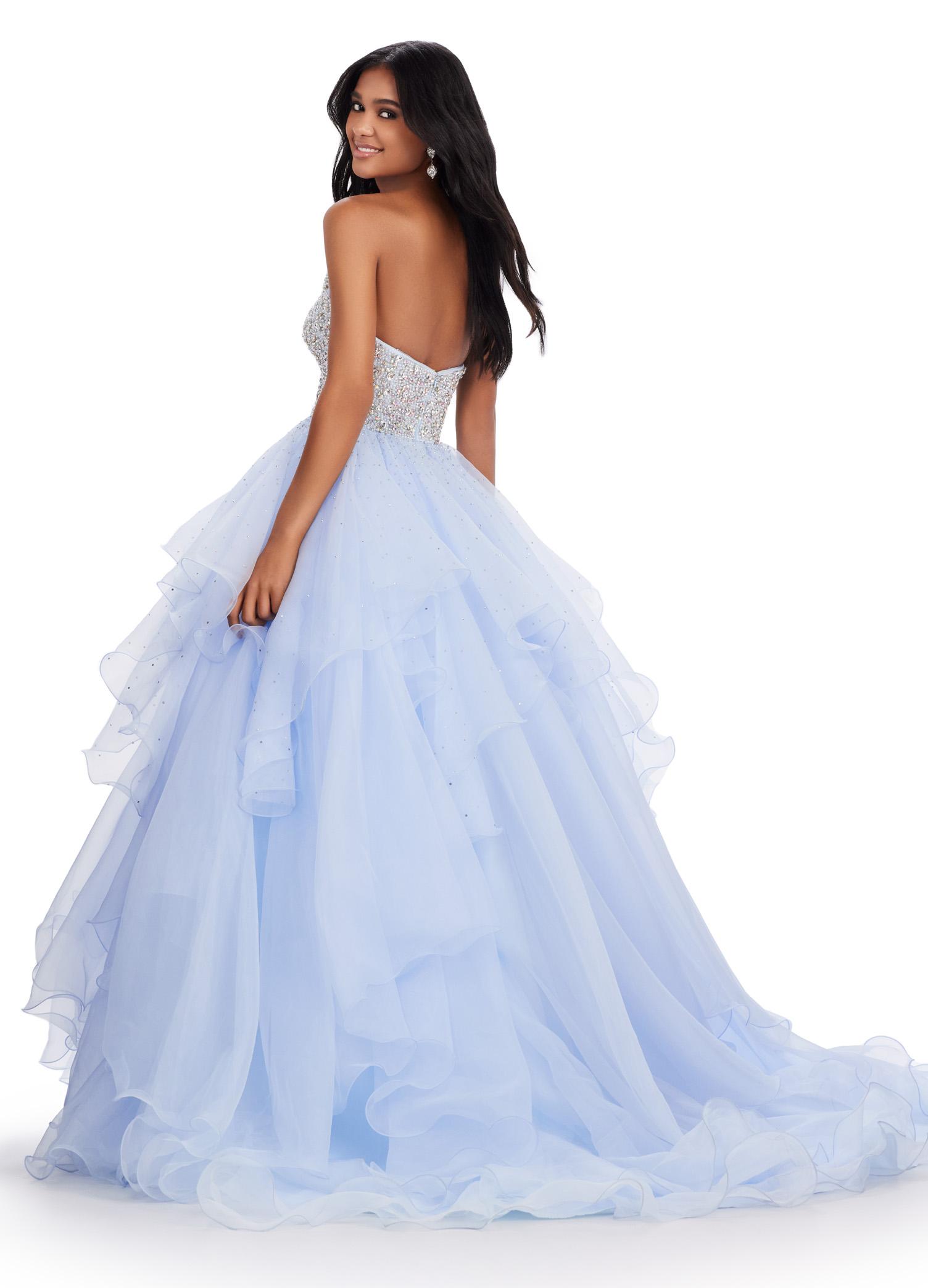 Back. Sky ASHLEYlauren 11545 Strapless Organza Ball Gown with Beaded Bustier, Ruffled Organza Skirt, and Handkerchief Hem