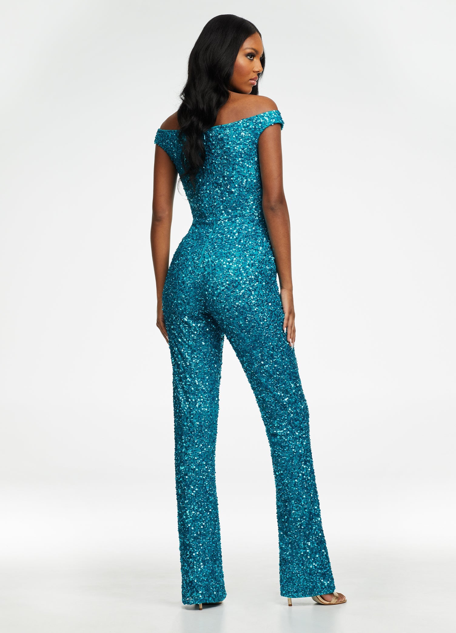 Back. Turquoise ASHLEYlauren 11175 Fully Hand-Beaded Off-Shoulder Jumpsuit with V-Neckline and Straight Leg Pants