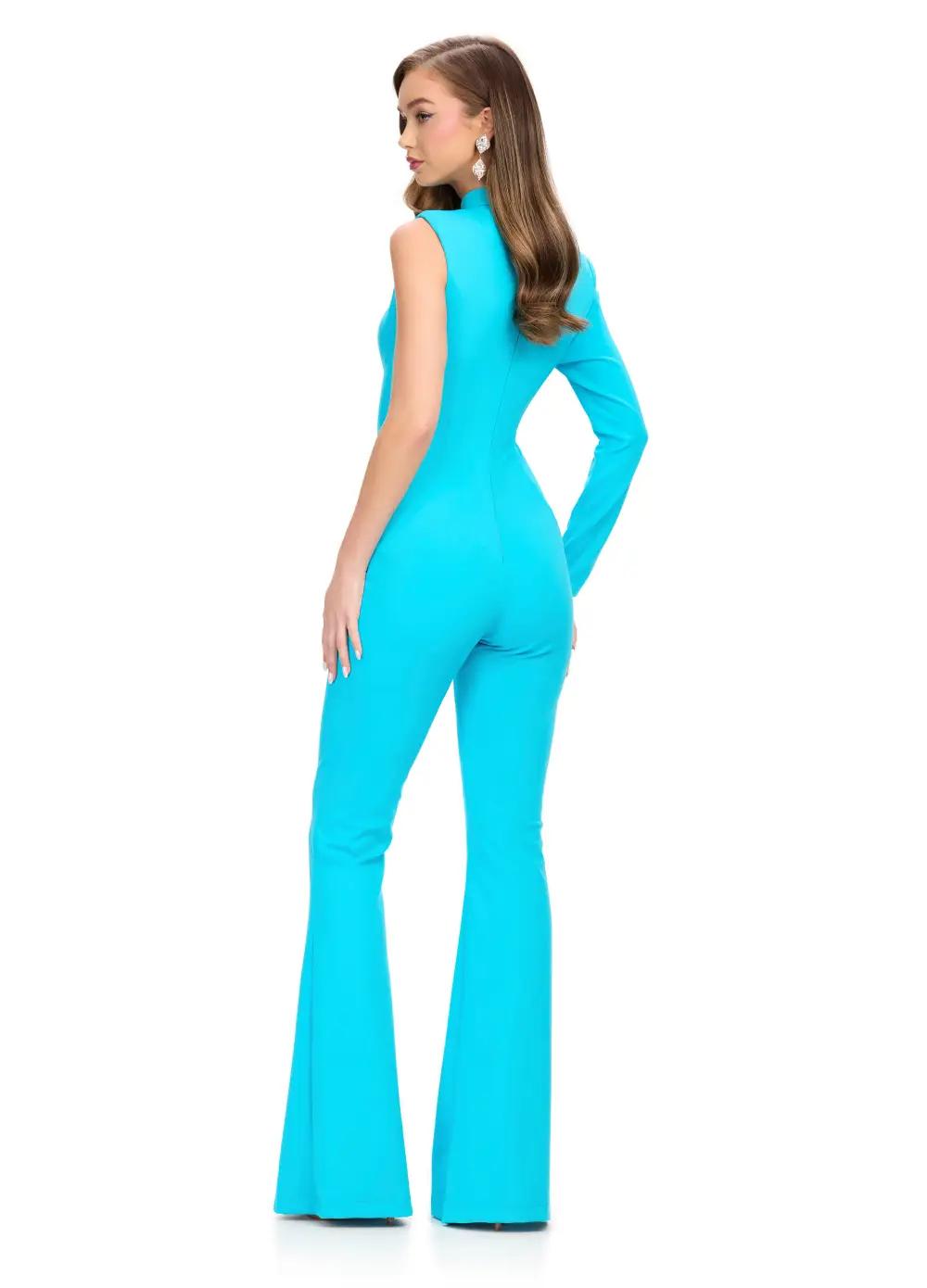Back. Turquoise ASHLEYlauren 11764 One Shoulder Scuba Jumpsuit with High Neckline, Single Sleeve, Glamorous Cut Out, and Sleek Silhouette