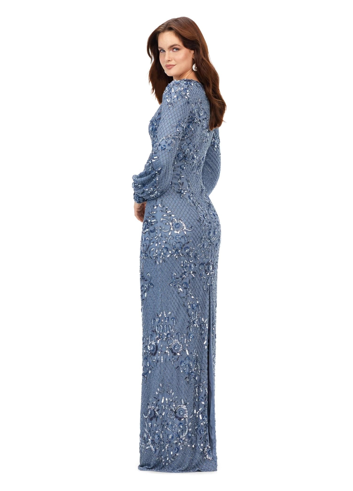 Back. Vintage Blue ASHLEYlauren 11193 Ultra Chic Fully Sequin Gown with Ornate Beading, V-Neckline, Bishop Sleeves, High Zip Back, and Center Back Vent Slit