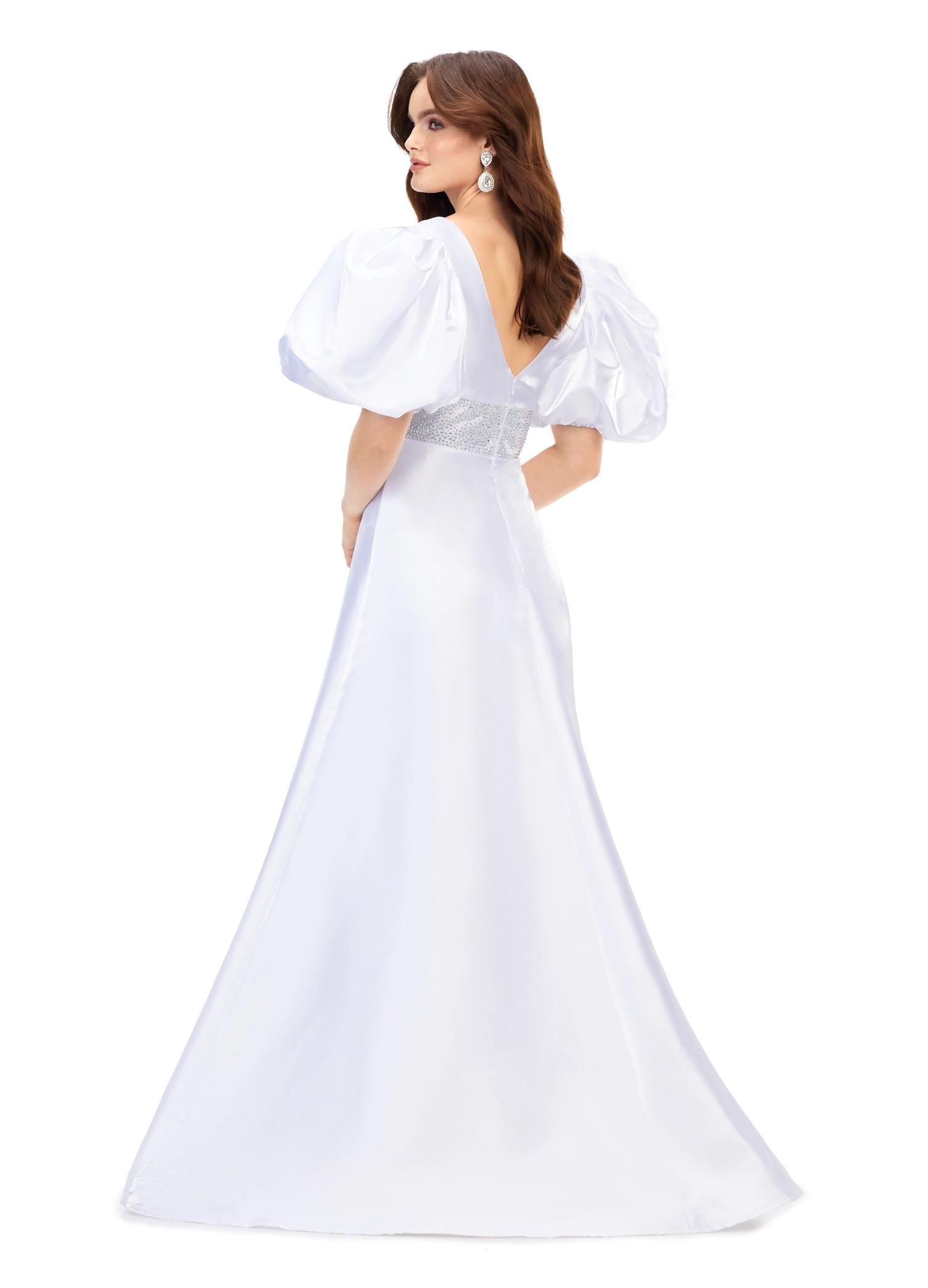 Back. White ASHLEYlauren 11378 Elegant Shimmer Satin A-Line Gown with V-Neckline, V-Back, Oversized Puff Sleeves, and Heat Set Detailed Waistband