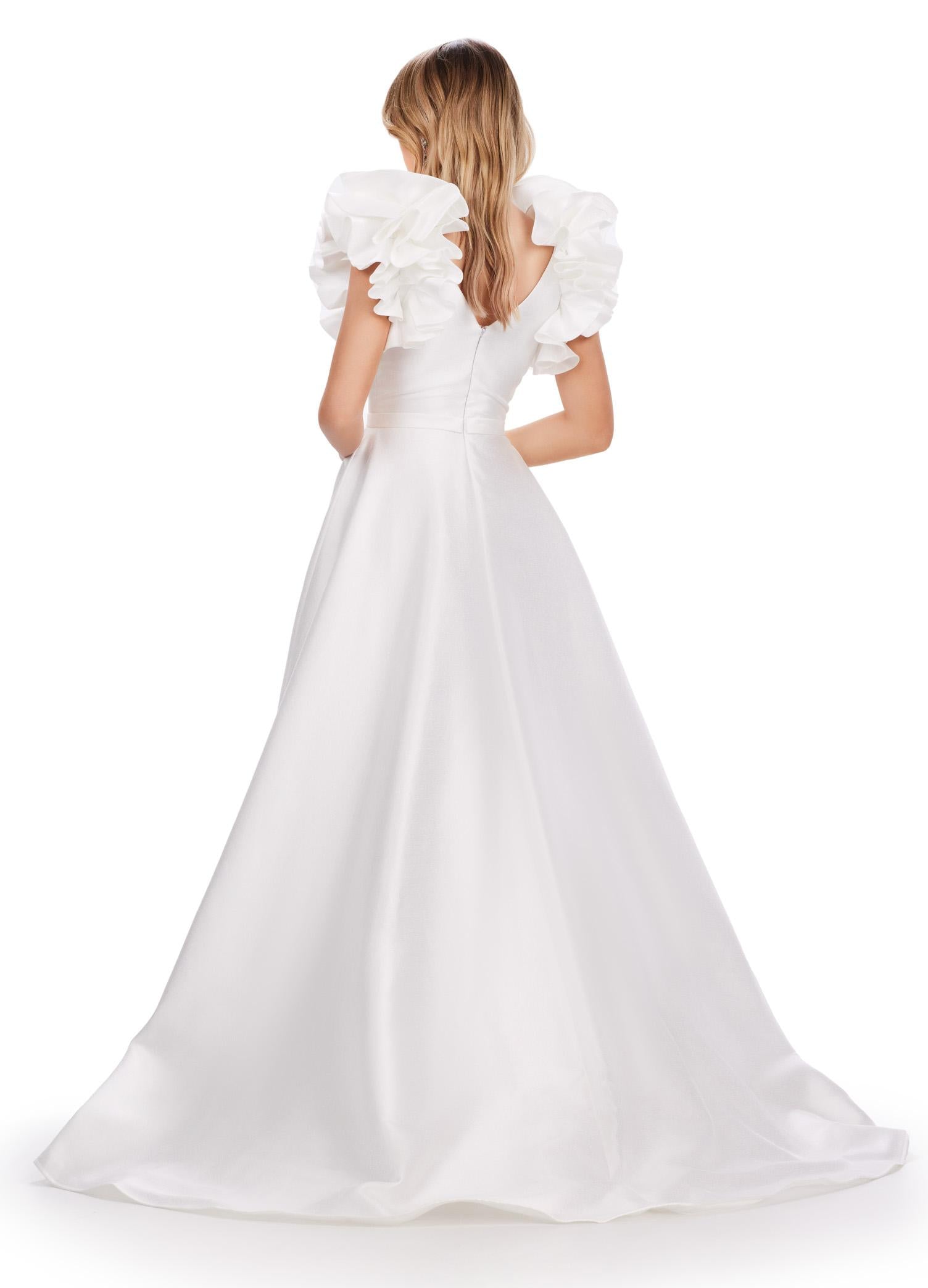 Back. White ASHLEYlauren 11610 A-Line Mikado Gown with Deep V-Neckline, V-Back, Dramatic Ruffle Sleeves, and Skirt Slit