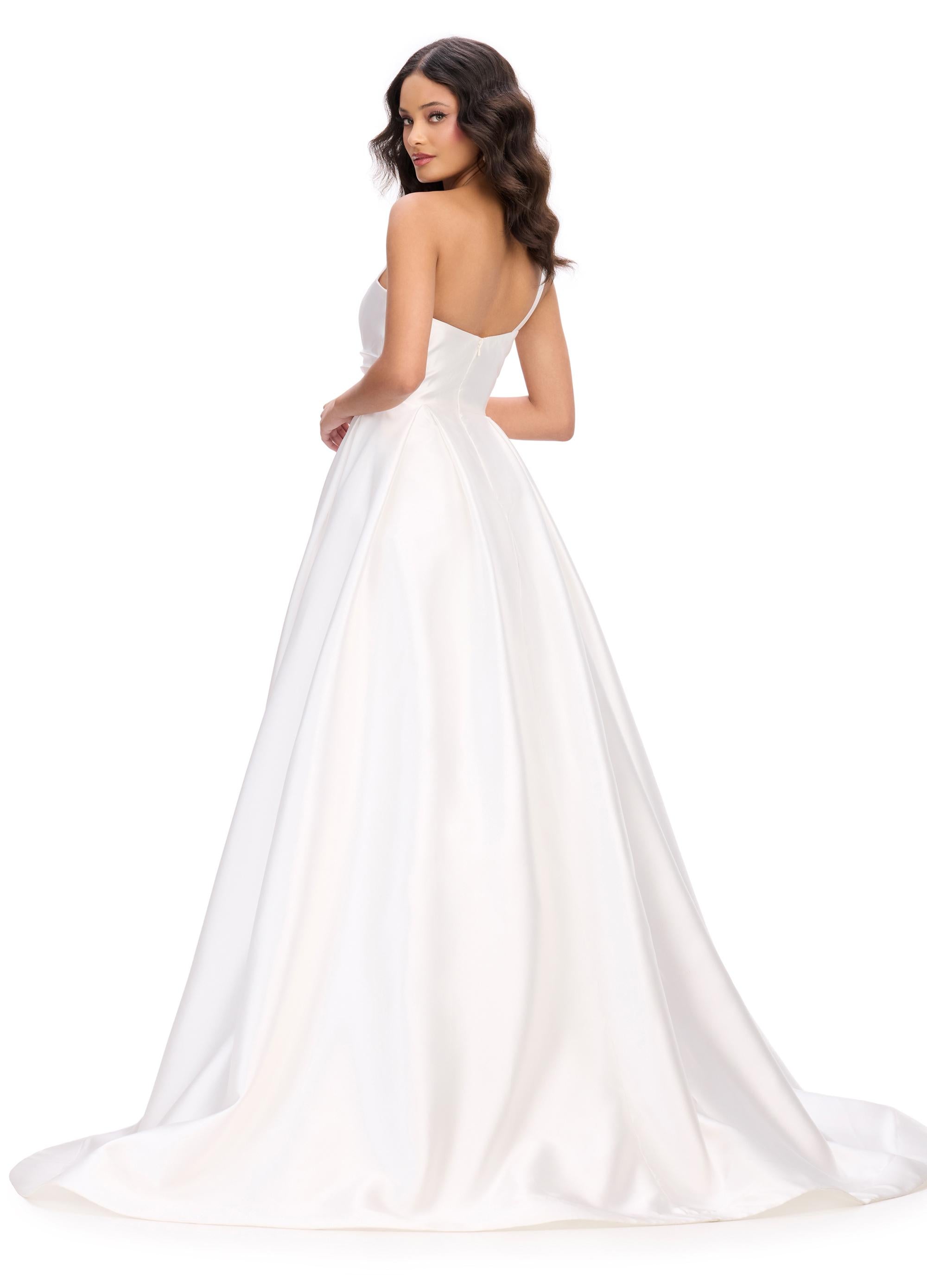 Back. White ASHLEYlauren 11772 stunning Mikado ball gown featuring a classic one shoulder design, sweetheart neckline, and a full A-line skirt for an elegant and sophisticated look.