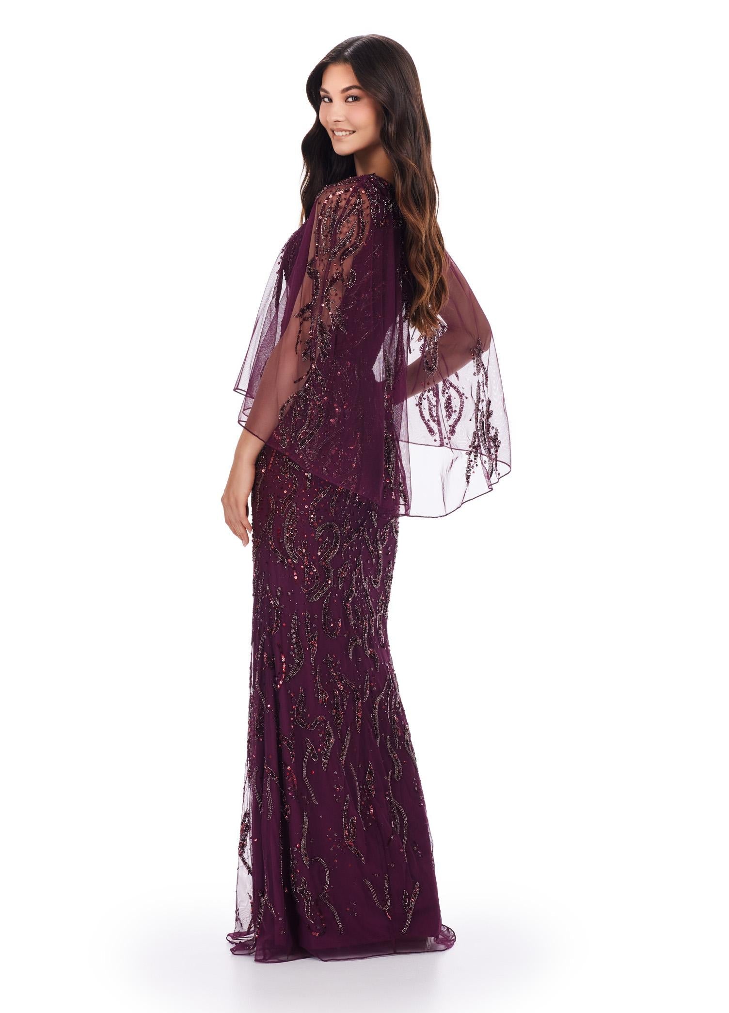 Back. Wine ASHLEYlauren 11214 Timeless Hand Beaded Gown with Crew Neckline, Sparkling Sequin Motif, Sheer Overlay, and High Back for an Elegant Look