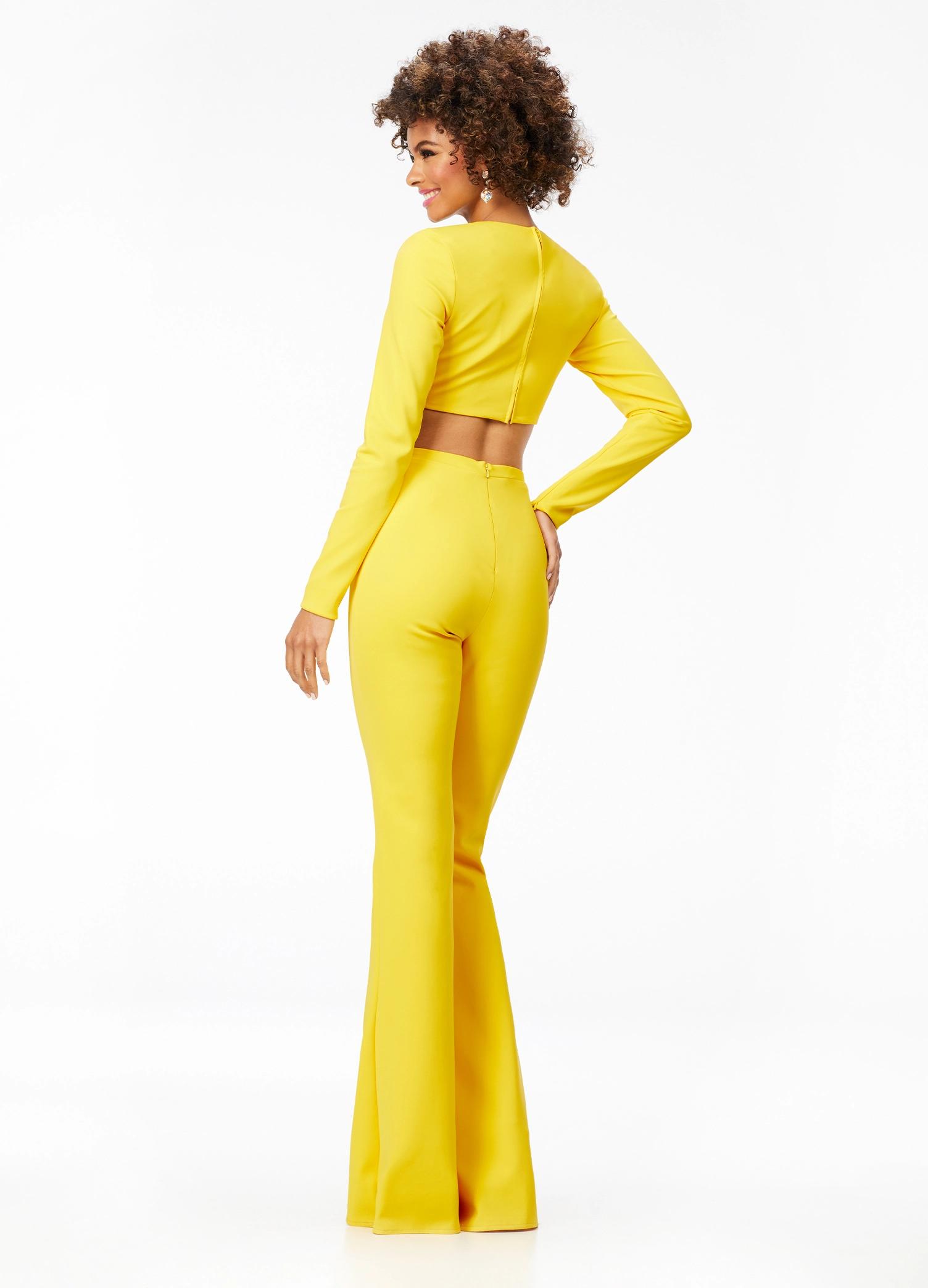 Back. Yellow ASHLEYlauren 11220 Two-Piece Scuba Jumpsuit with Square Neckline, Long Sleeves, and Fit &amp; Flare Pants