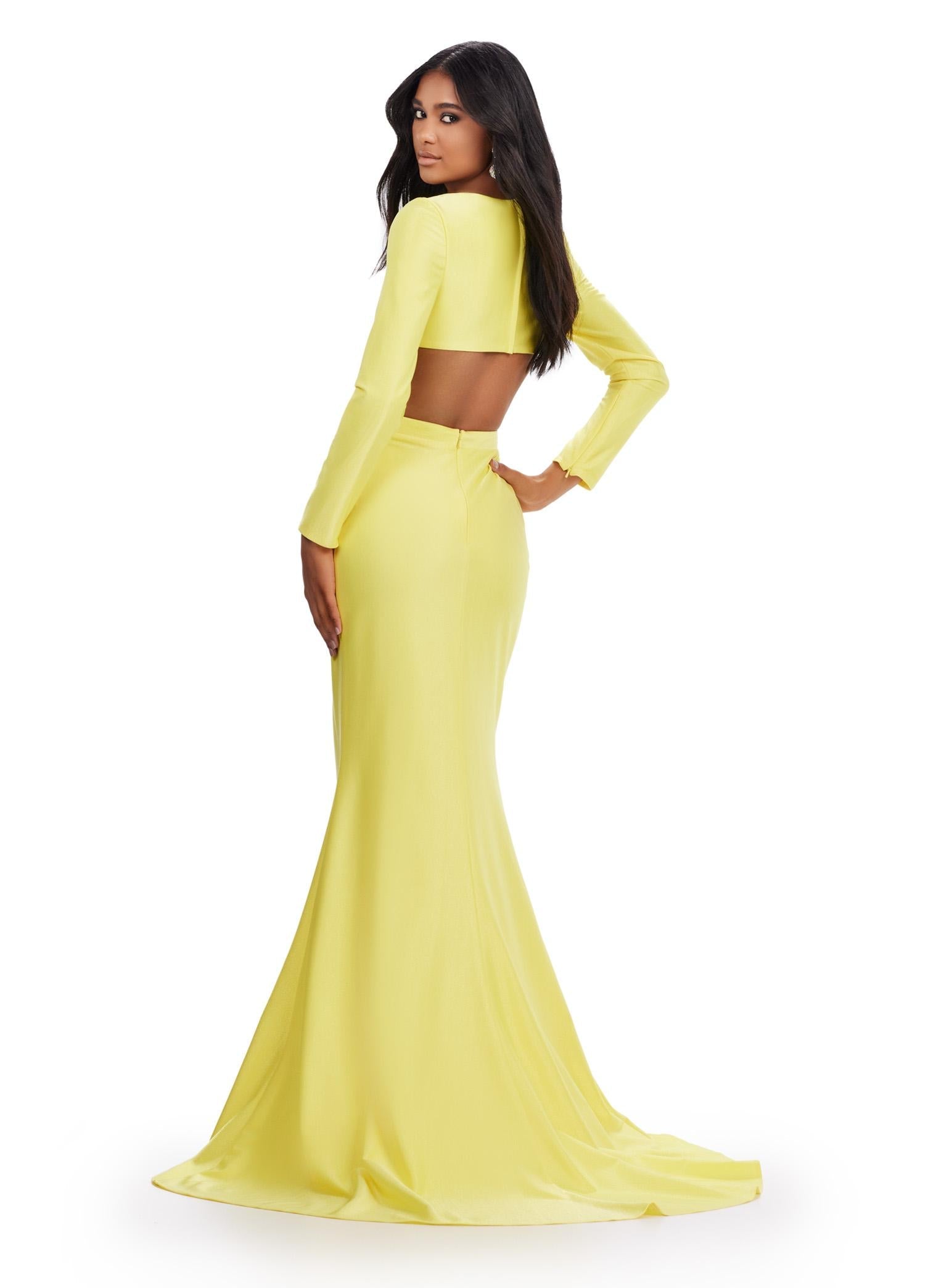 Back. Yellow ASHLEYlauren 11607 Unique Jersey Gown with V-Neckline, Long Sleeves, Crisscross Cut Out Wrap Bustier, Draped Fitted Skirt, and Left Leg Slit