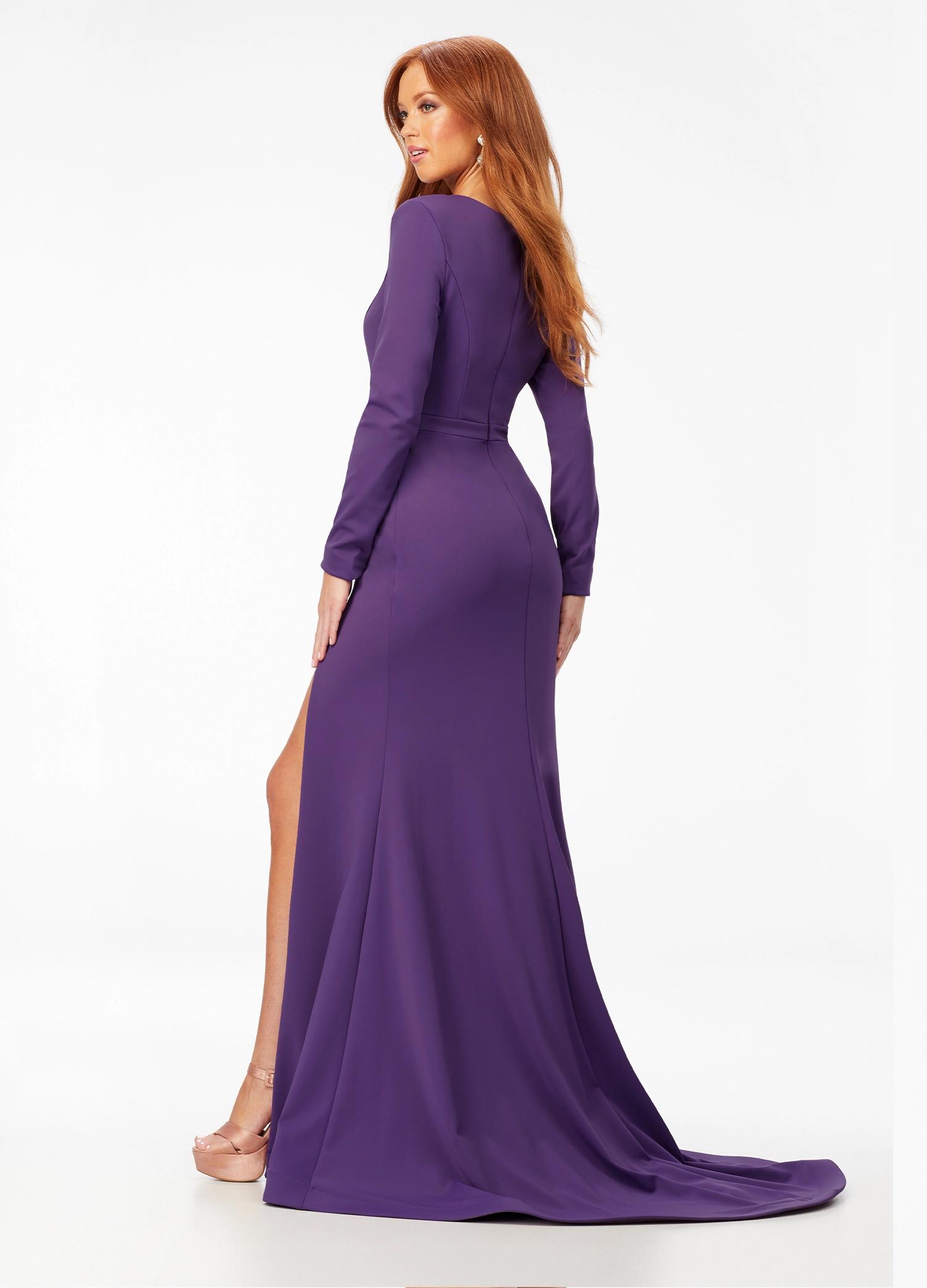 Back - ASHLEYlauren 11019 Black Orchid long sleeve scuba dress featuring a crew neckline bustier with an asymmetrical illusion cut out, left leg slit, and horsehair hem for a sleek and sophisticated look.