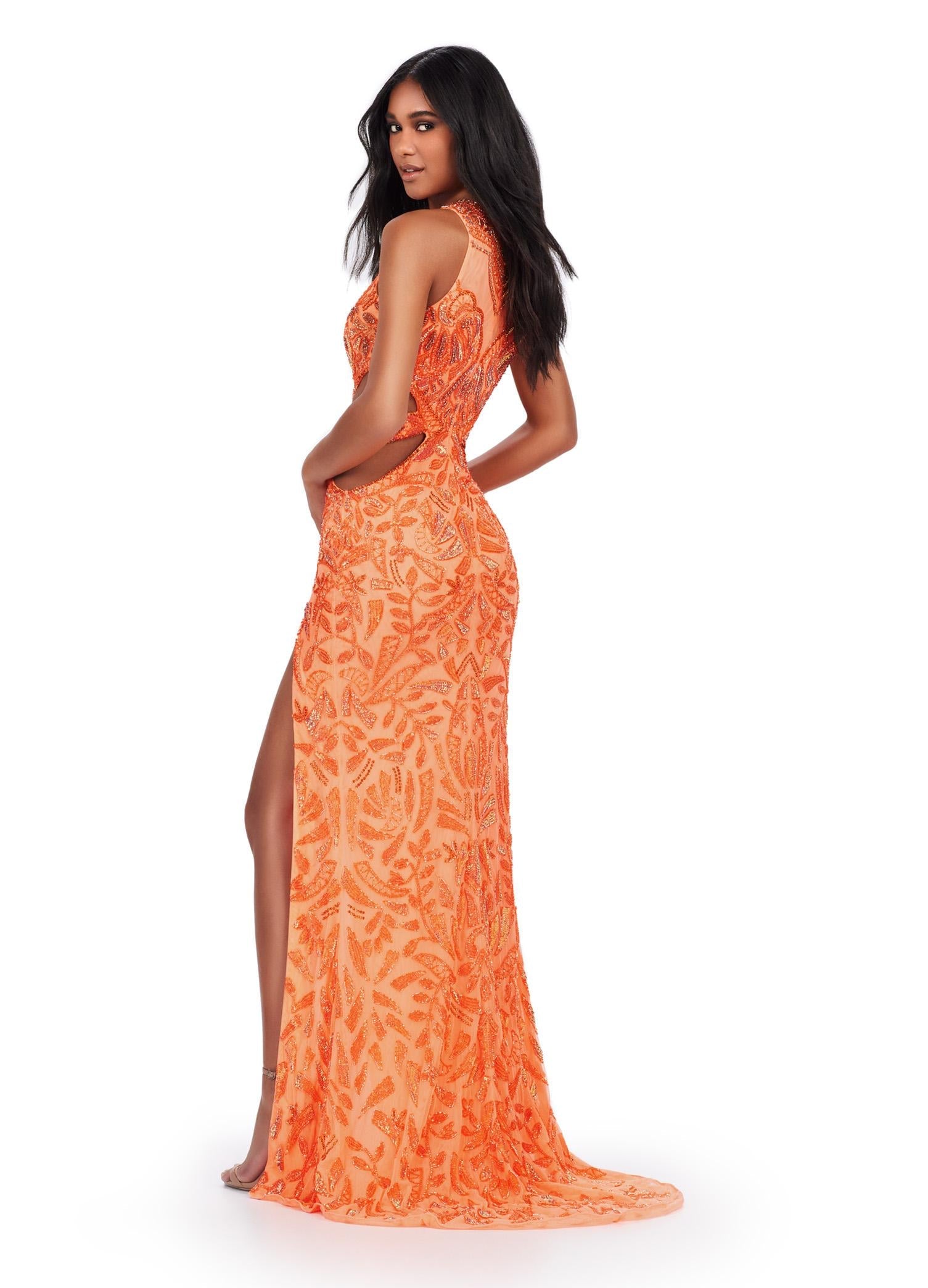 Back - ASHLEYlauren 11501 Coral Fully Beaded High Neckline Gown with Waist Cut Outs and Left Leg Slit