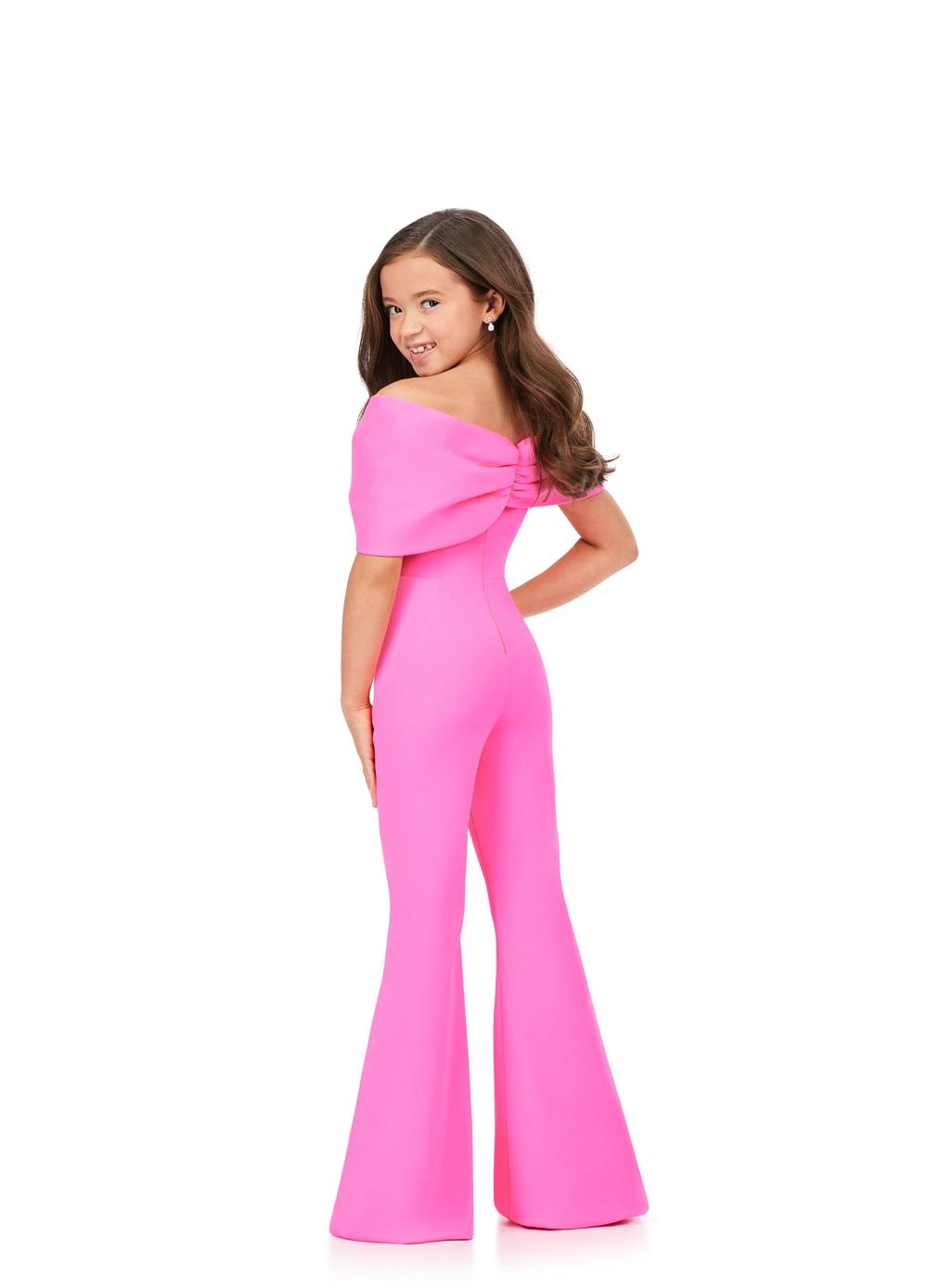Back - ASHLEYlauren Kids 8227 Pink Off Shoulder Scuba Jumpsuit with Oversized Bow. 
