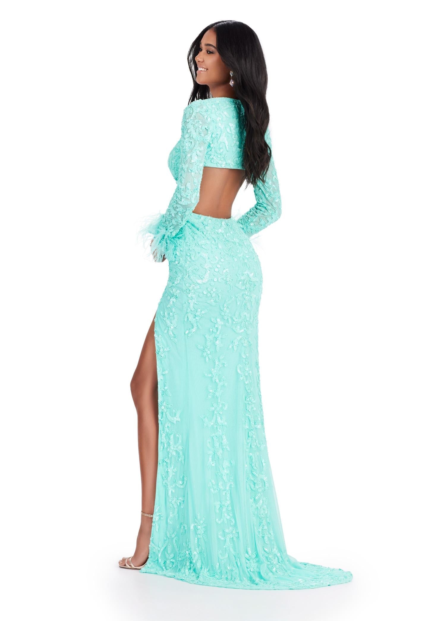 ASHLEYlauren 11364 - Beaded Gown with Feather Trimmed Sleeves