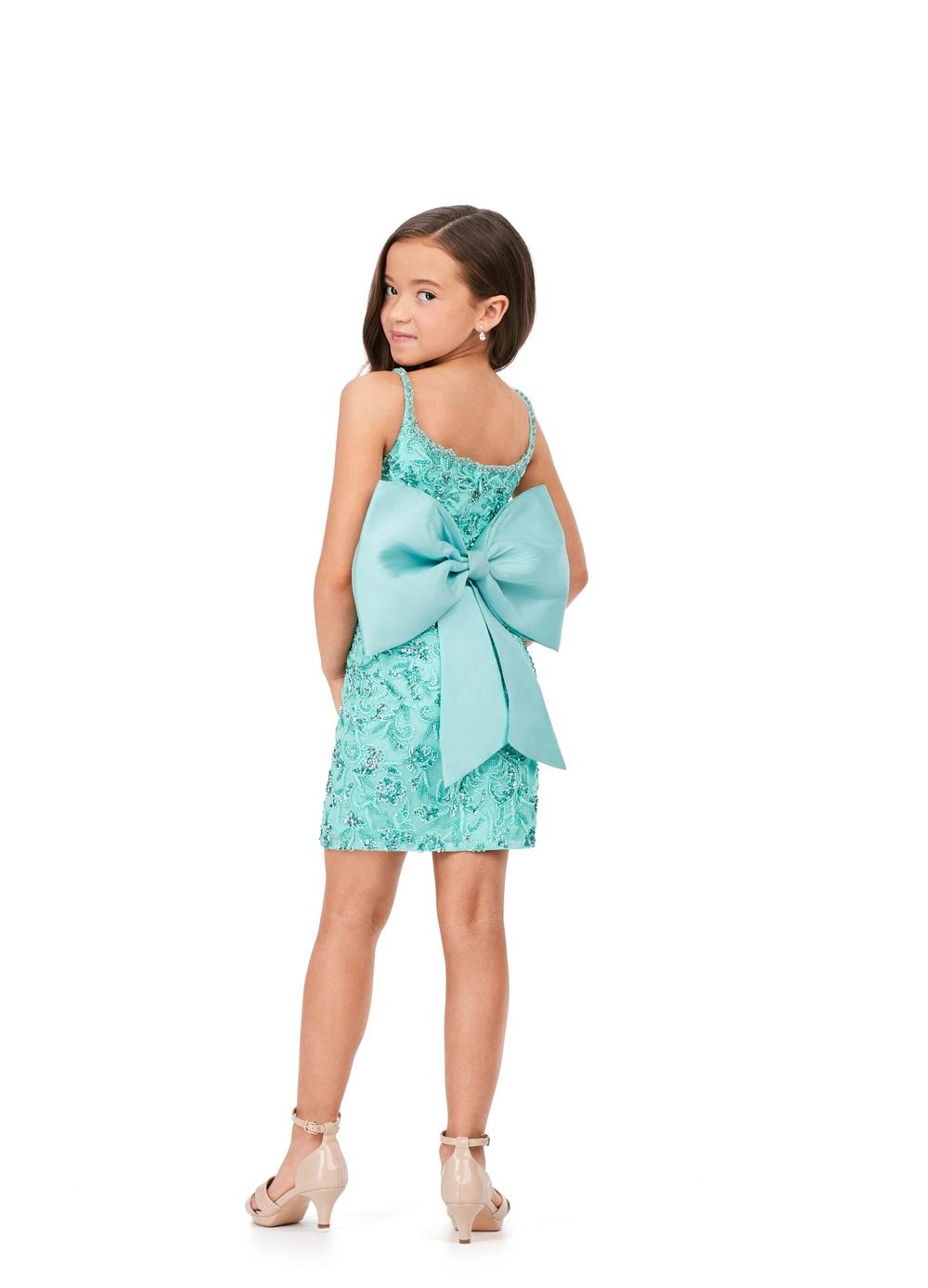 Back - Aqua ASHLEYlauren 8230 fully beaded fitted kids cocktail dress featuring delicate spaghetti straps, an oversized removable bow, and extra jewel embellishments along the neckline for a glamorous and fun look.