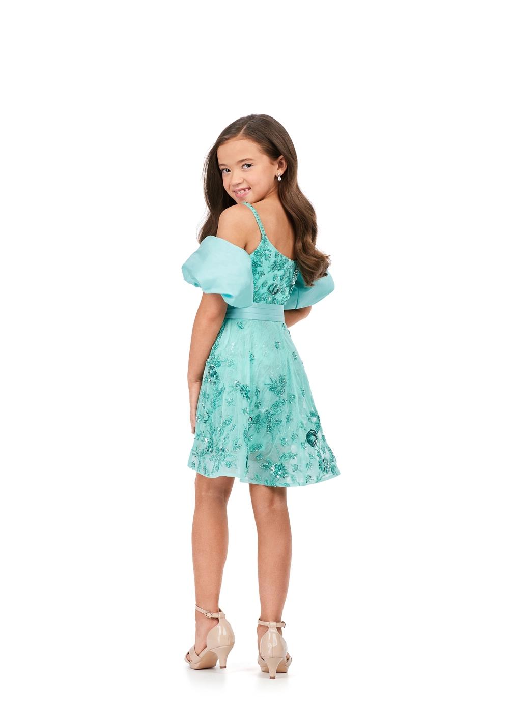 Back - Aqua ASHLEYlauren 8233 fully beaded romper featuring delicate spaghetti straps, detachable puff sleeves, and a dramatic detachable overskirt for a fun and versatile statement look.
