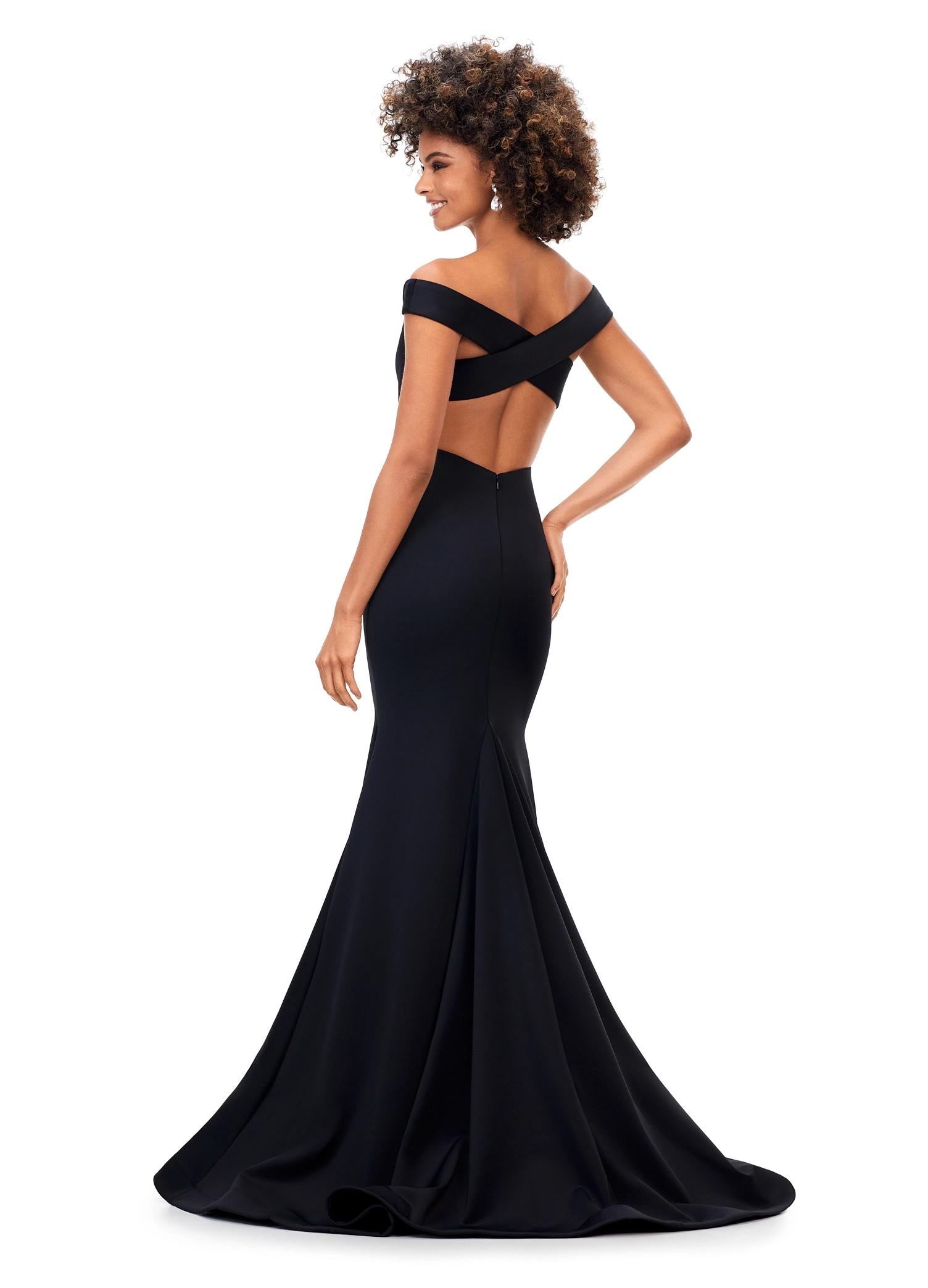 Back - Black ASHLEYlauren 11025 off shoulder scuba gown featuring a sweetheart neckline, signature crisscross strappy back, fitted silhouette, and a sweep train for an elegant and sophisticated look. 