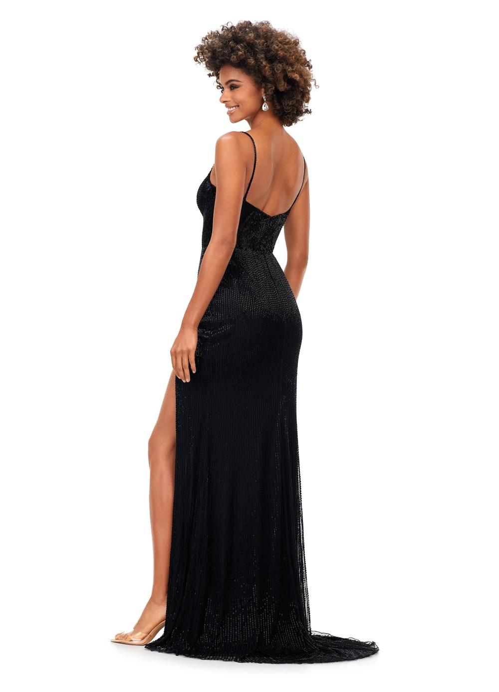 Back - Black ASHLEYlauren 11369 fully liquid beaded gown featuring an exposed bustier, delicate spaghetti straps, left leg slit, and a sweep train for a glamorous finish.