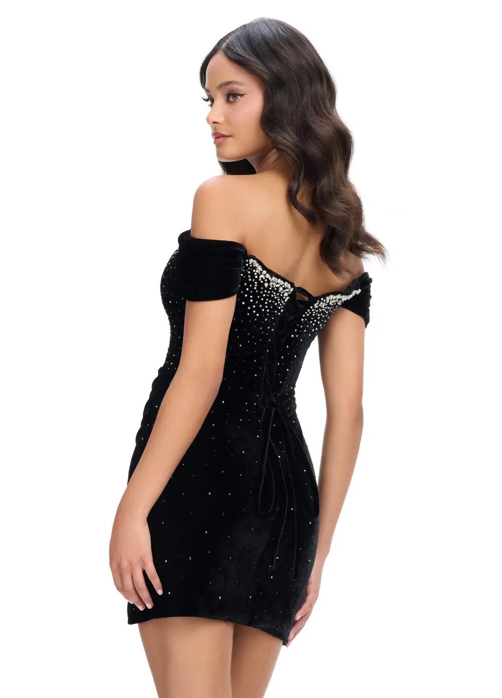 Back - Black ASHLEYlauren 4711 Velvet Off-Shoulder Cocktail Dress with Illusion V-Neckline and Lace-Up Back